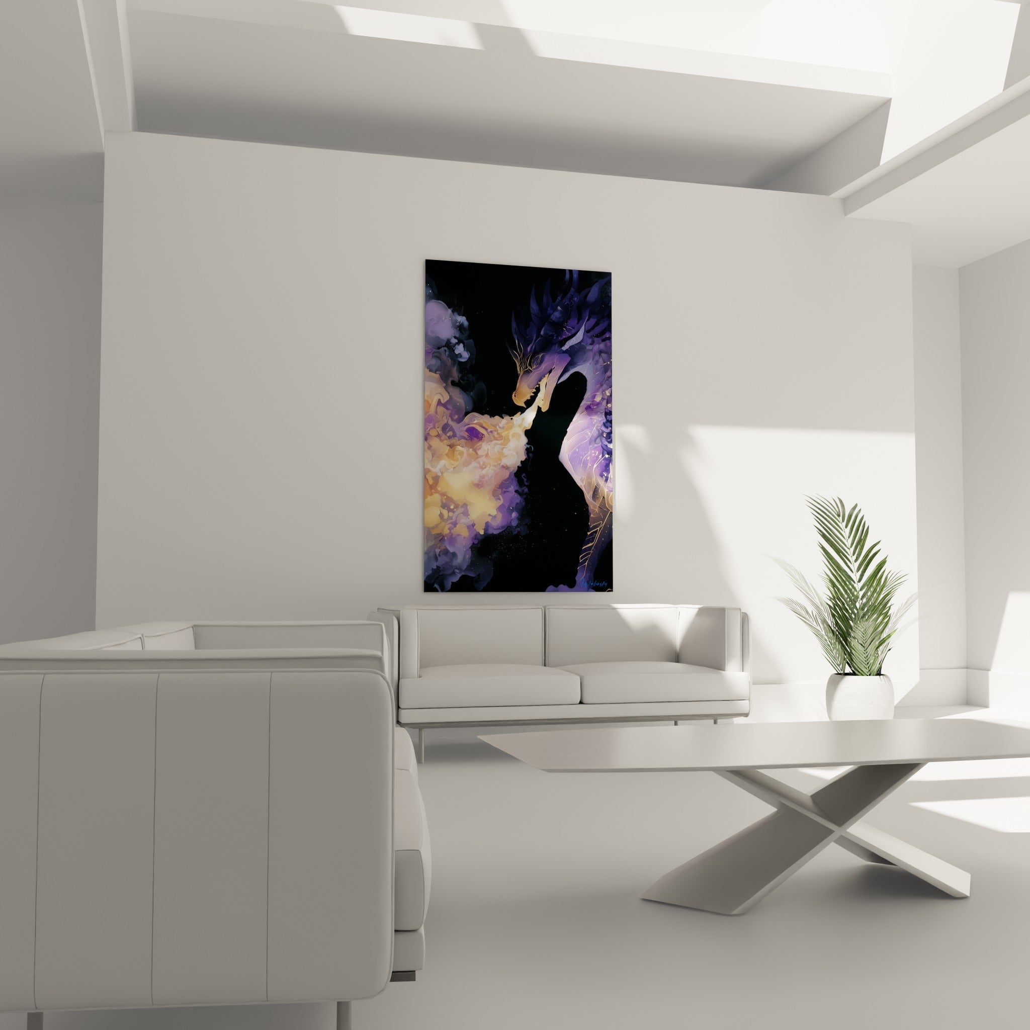 Silhouette de dragon pourpre aux flammes crème et ocre, au-dessus d'un canapé dans un salon lumineux