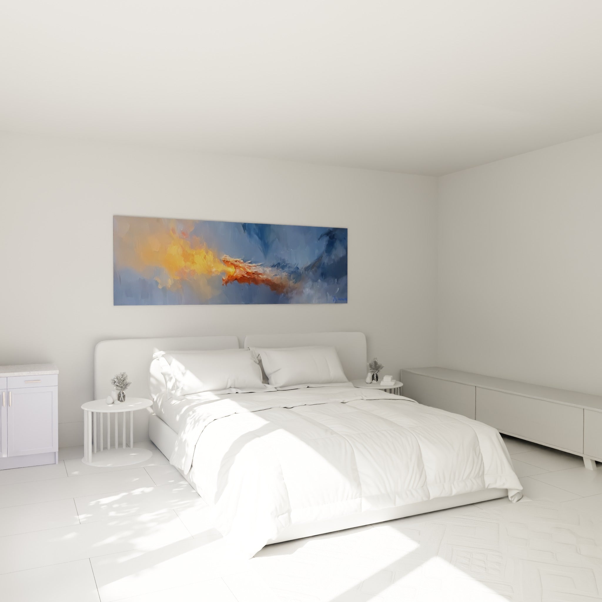 Créature ailée bleu anthracite crachant des flammes dorées, accrochée au-dessus d'un lit dans une chambre claire