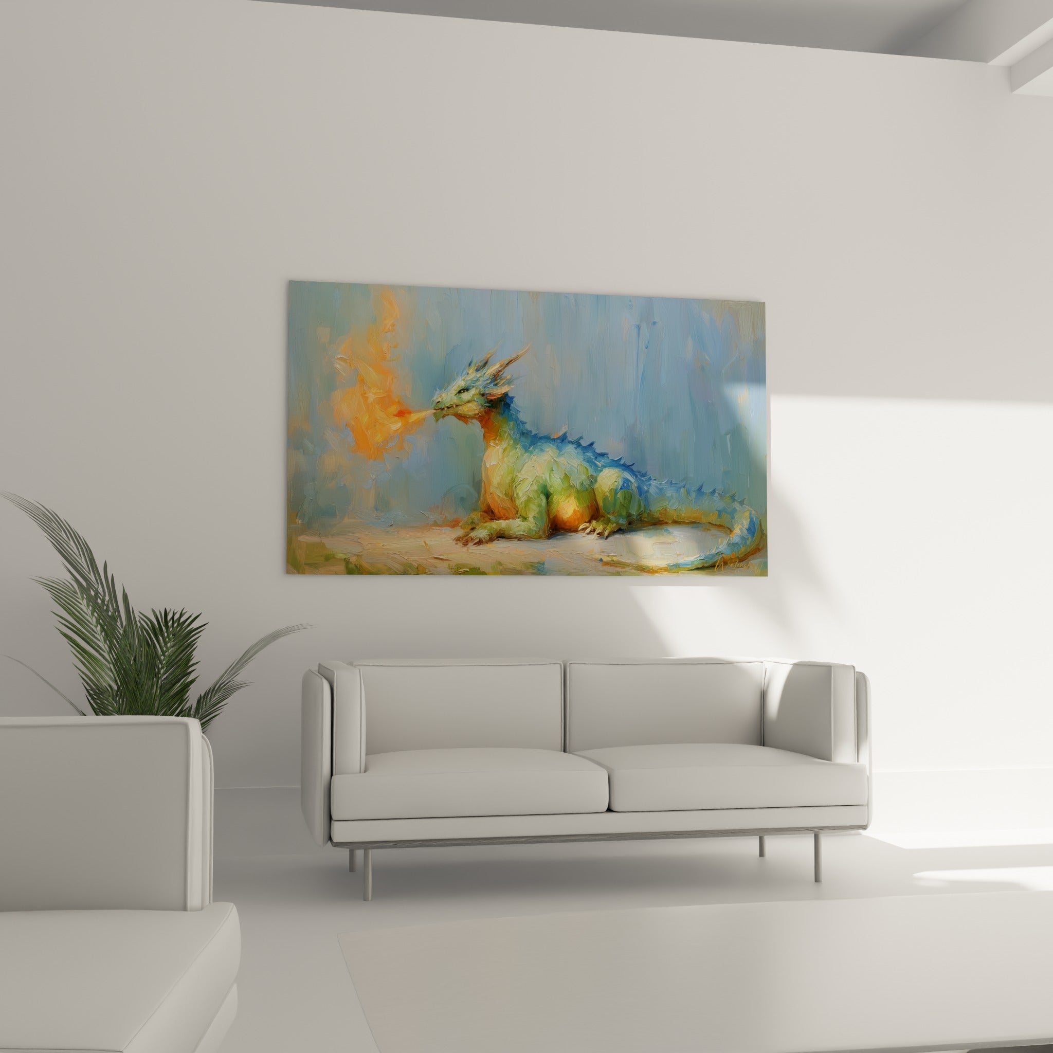 Souffle de flamme orangée jaillissant d'un dragon bleu et vert, au-dessus d'un canapé dans un salon lumineux