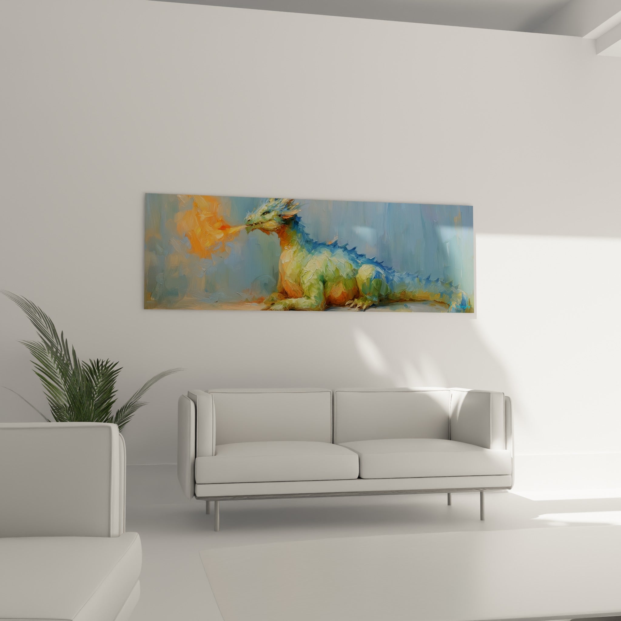 Reptile légendaire aux écailles bleutées et vertes, flamme orangée en volutes, au-dessus d'un canapé dans un salon lumineux