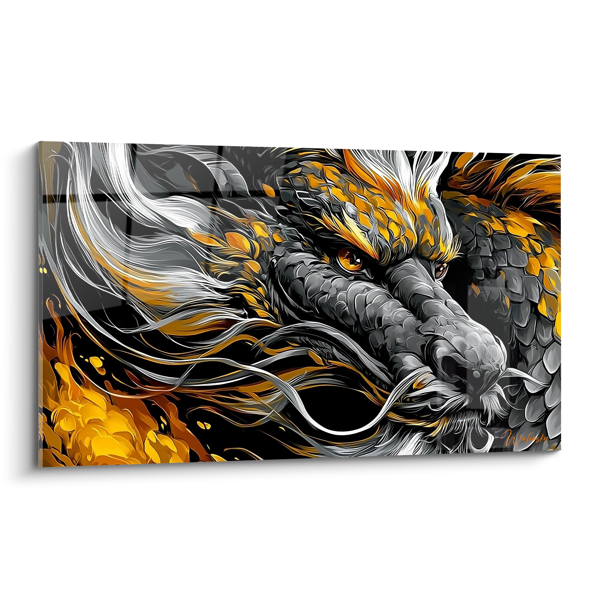 Dragon gris anthracite aux flammes dorées, regard ambré perçant, style graphique détaillé