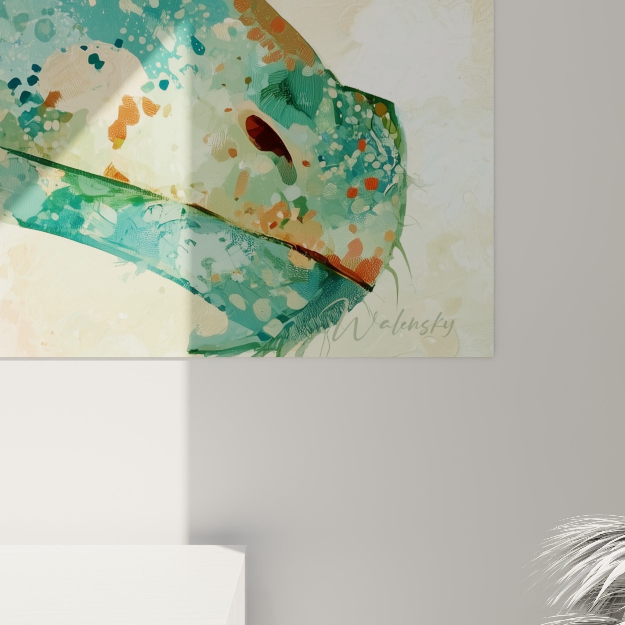 Empâtements turquoise et terracotta se mêlant en grain aquarelle, éclaboussures ocre visibles sur la toile