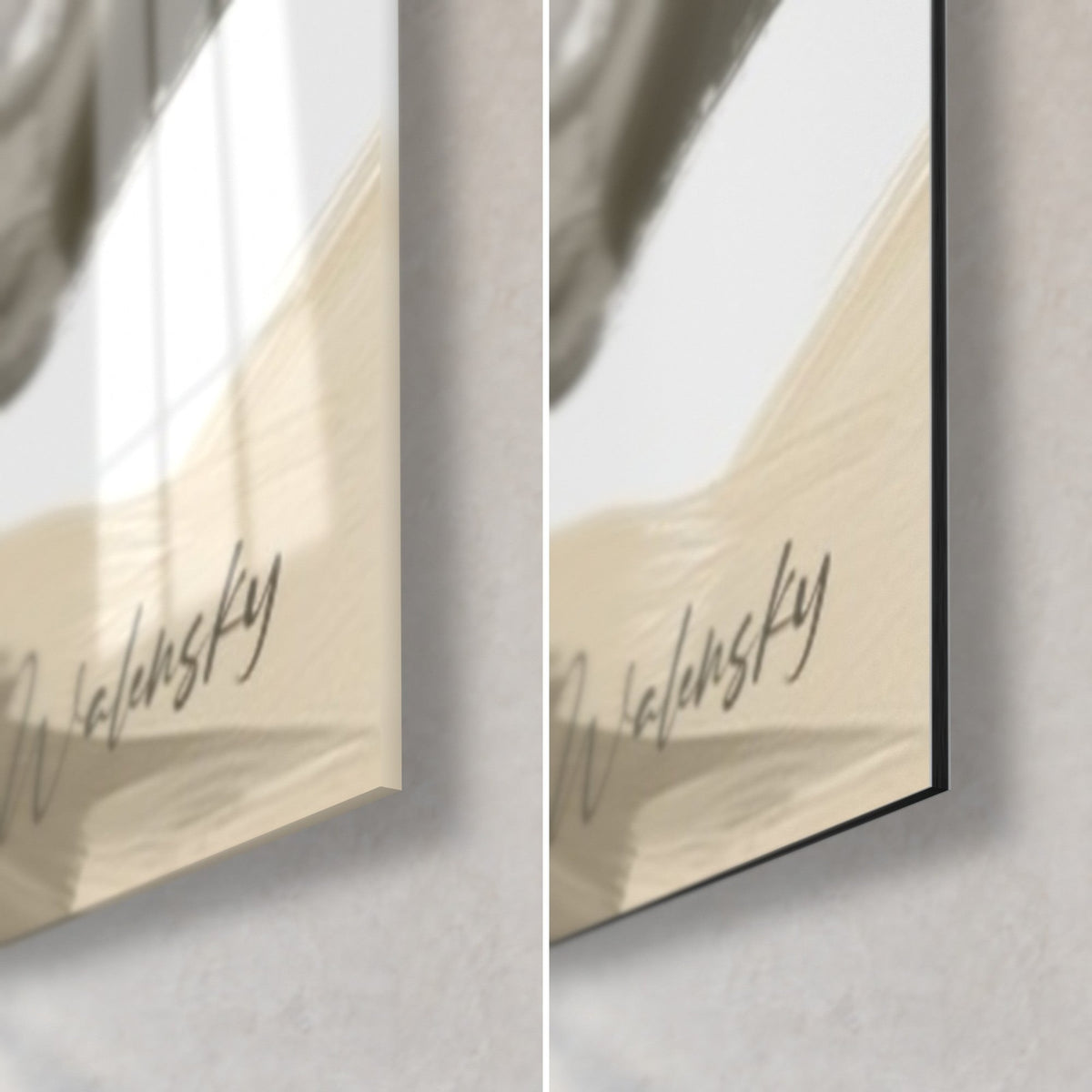 Tableau dragon, signature Walensky sur fond ocre, coin en verre acrylique brillant et aluminium Dibond noir mat