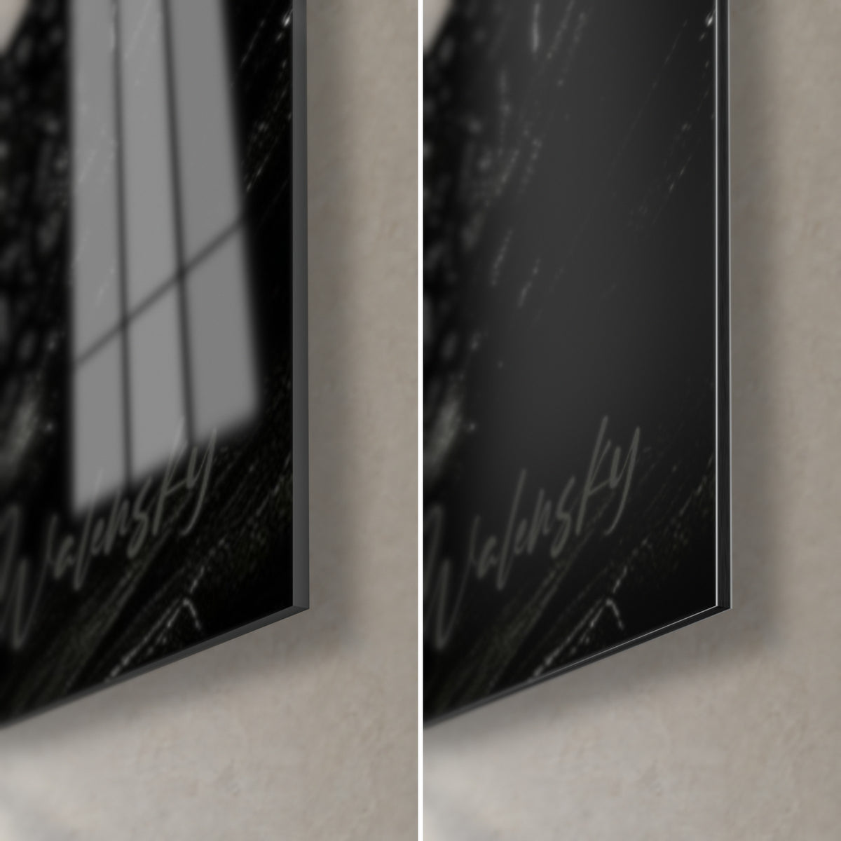 Quadro creatura squamosa in bianco e nero, angolo in basso a destra: vetro acrilico lucido a sinistra, Dibond nero opaco a destra, bordo di 3 mm