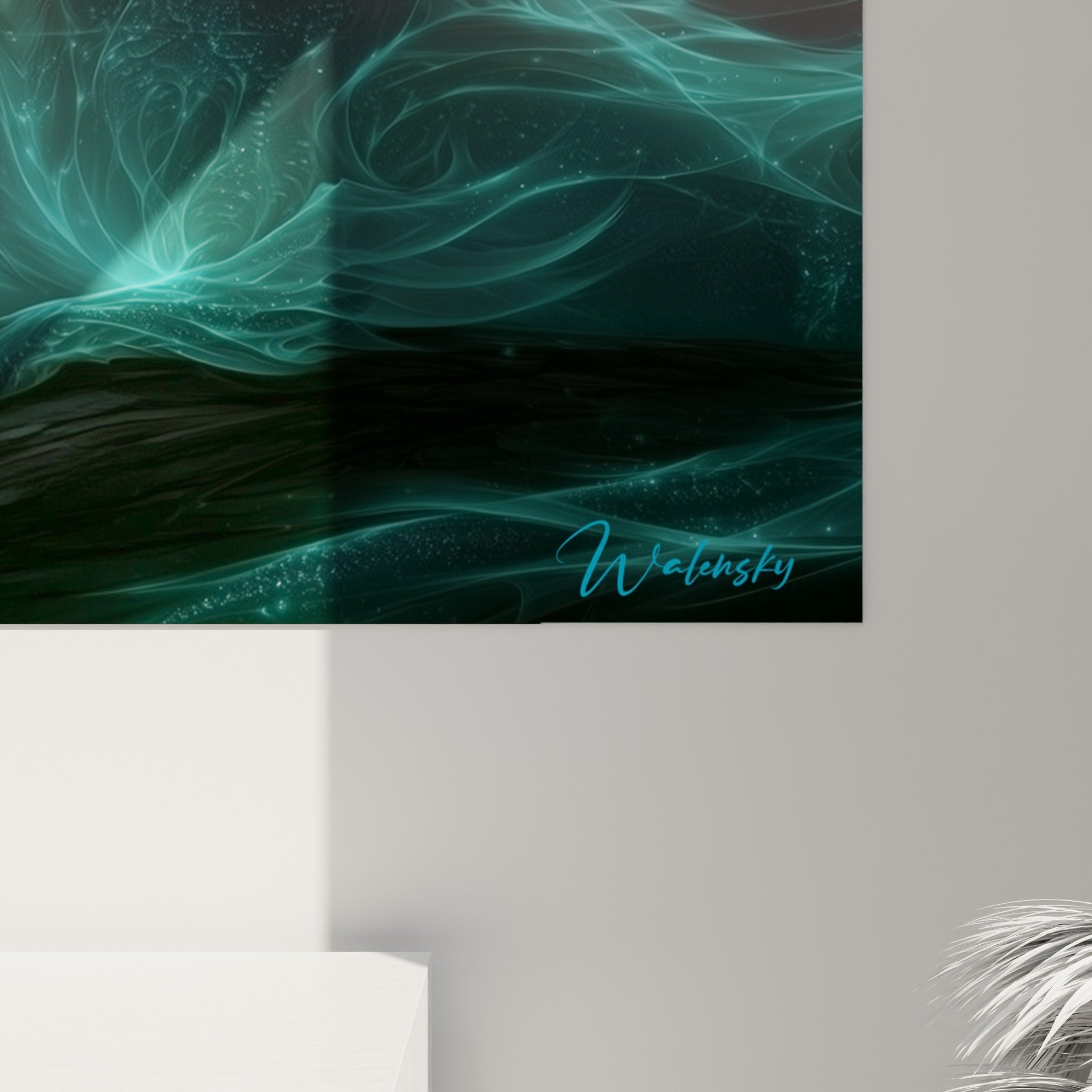 Grain de l'impression révélant les volutes turquoise et les particules lumineuses dorées du dragon