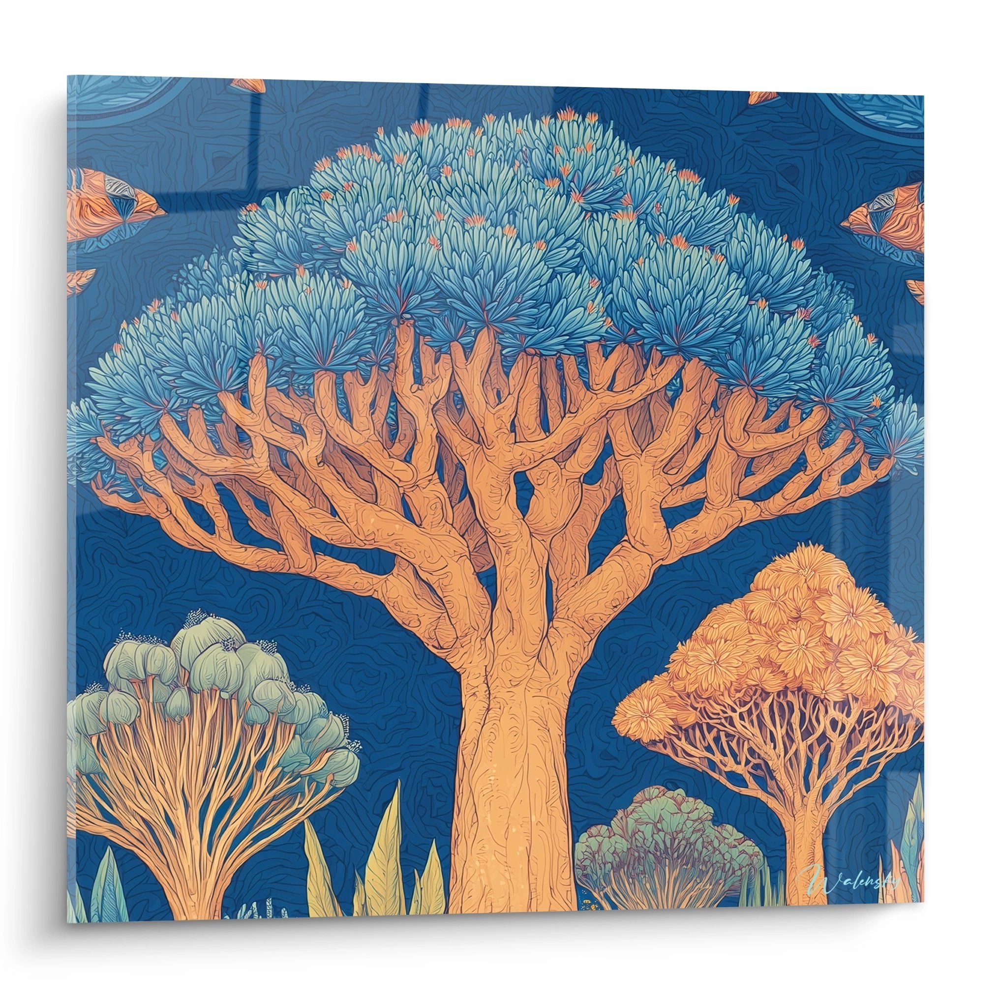 Tableau mural dragon tree tropical orange et bleu style artistique îles archipels Socotra déco exotique