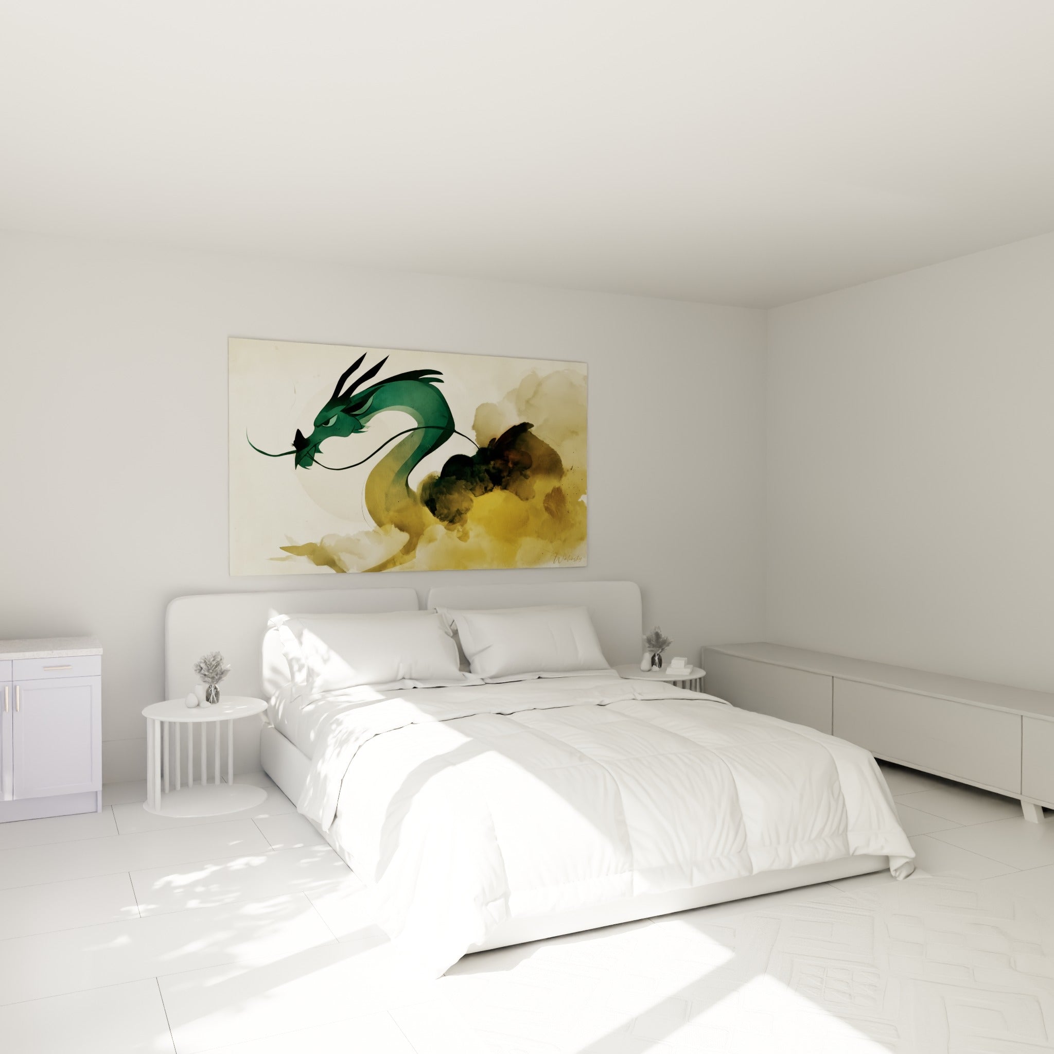 Créature émeraude et ocre du tableau Dragon surplombe un lit dans une chambre claire et lumineuse