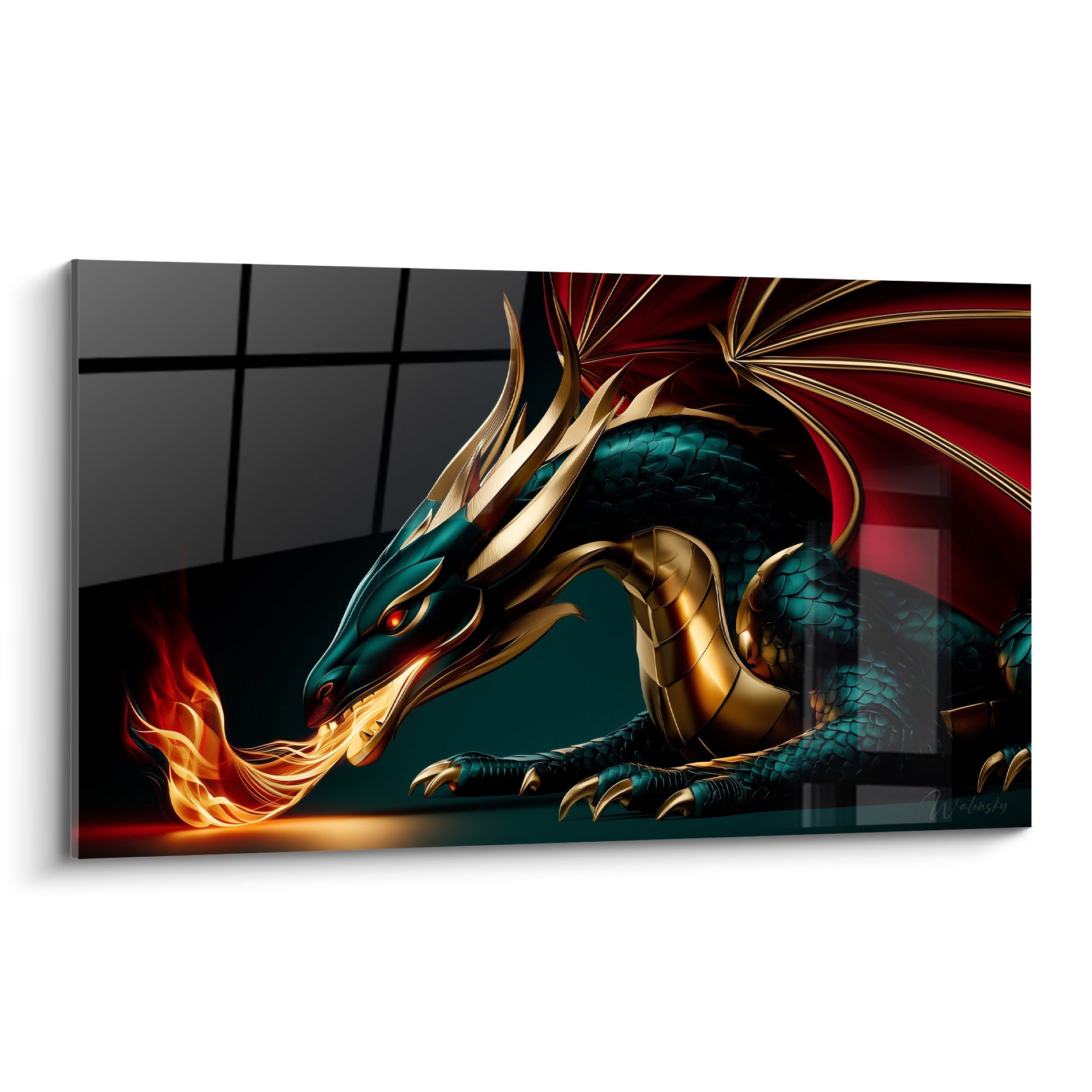 Dragon vert émeraude crachant des flammes orangées, écailles dorées et ailes rouge profond visibles