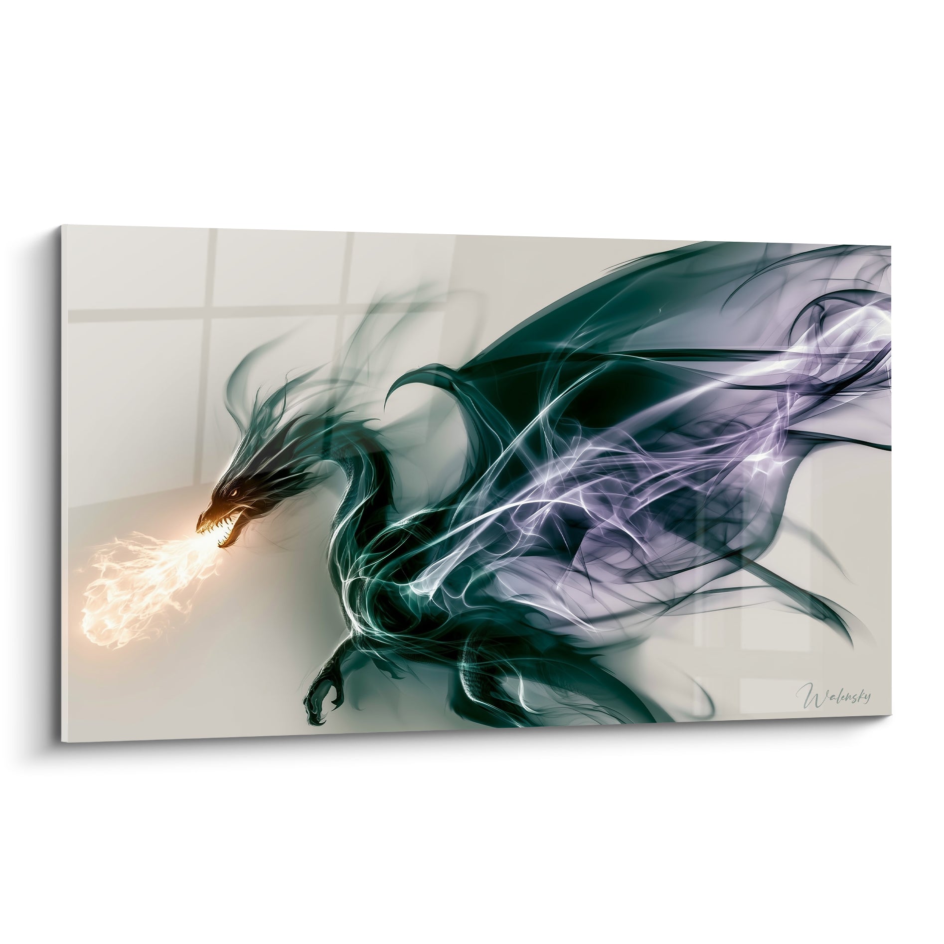 Dragon vert anthracite et violet crachant une flamme dorée, ailes déployées en volutes de fumée