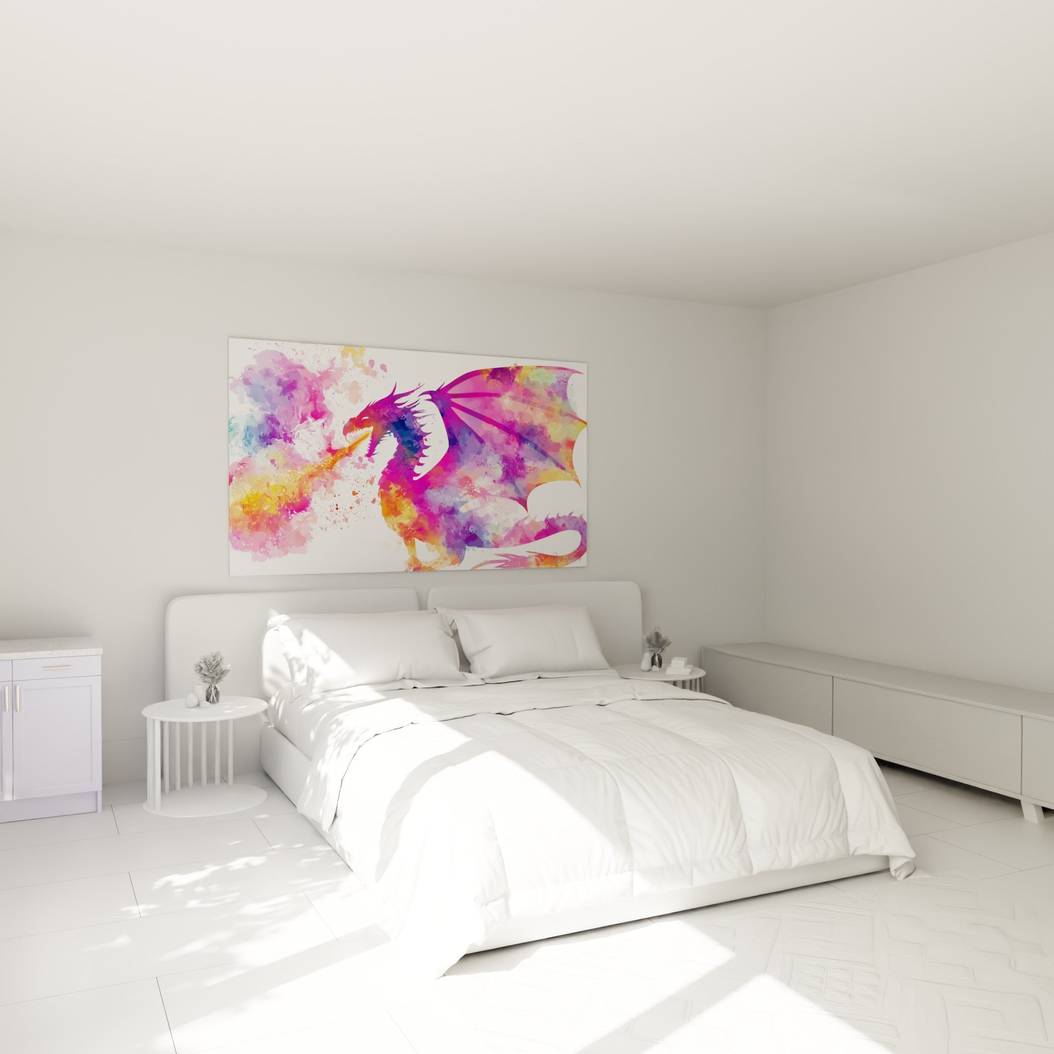Créature ailée rose fuchsia et orangée soufflant du feu, au-dessus d'un lit dans une chambre claire