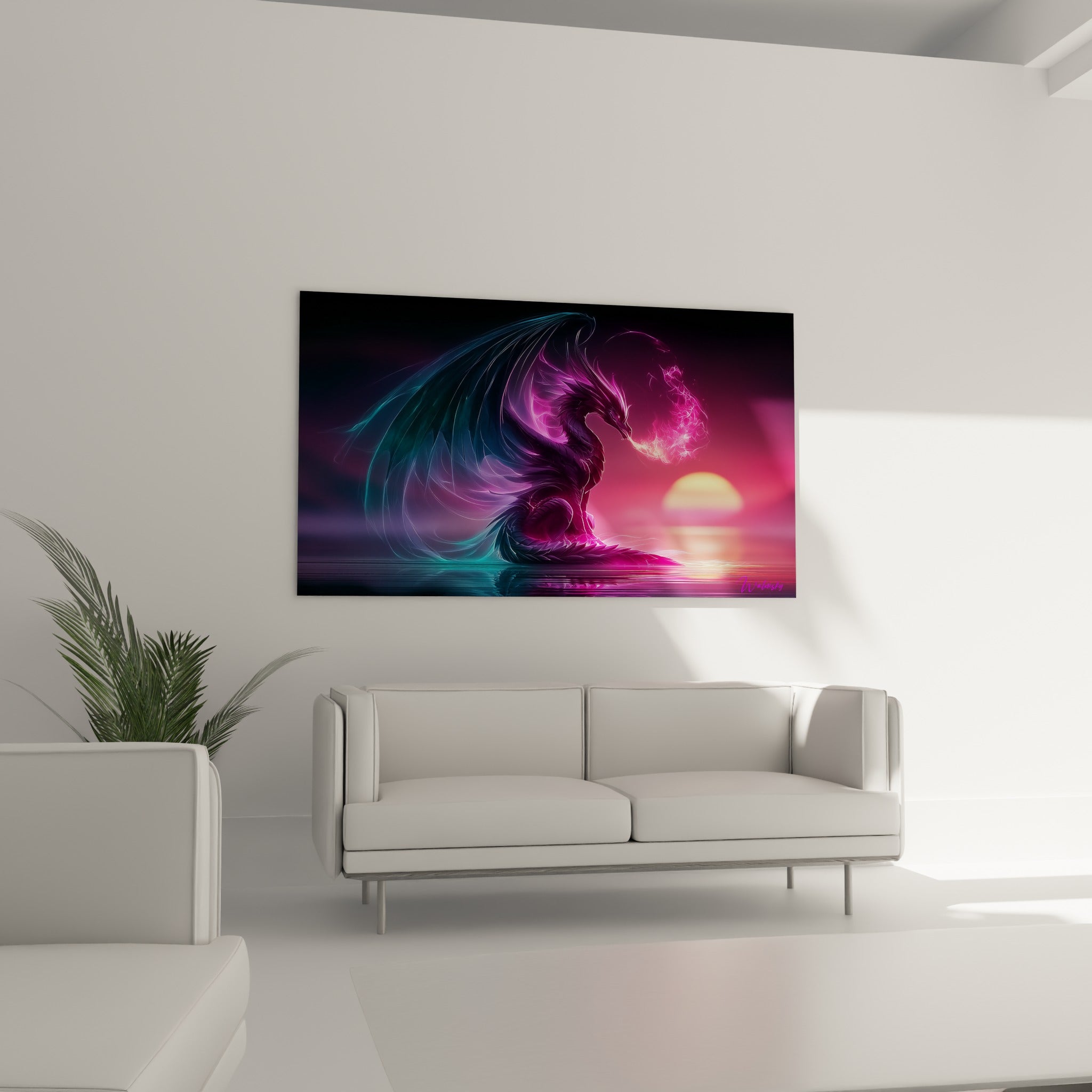 Silhouette ailée aux teintes violettes et roses accrochée au-dessus d'un canapé dans un salon lumineux