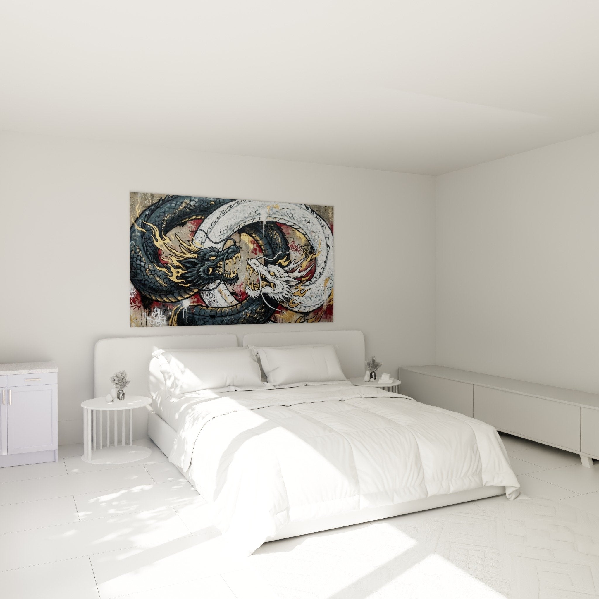 Drachen-Yin-Yang-Kunstwerk dekoriert modernes Schlafzimmer graue Wand mystische zeitgenössische Atmosphäre