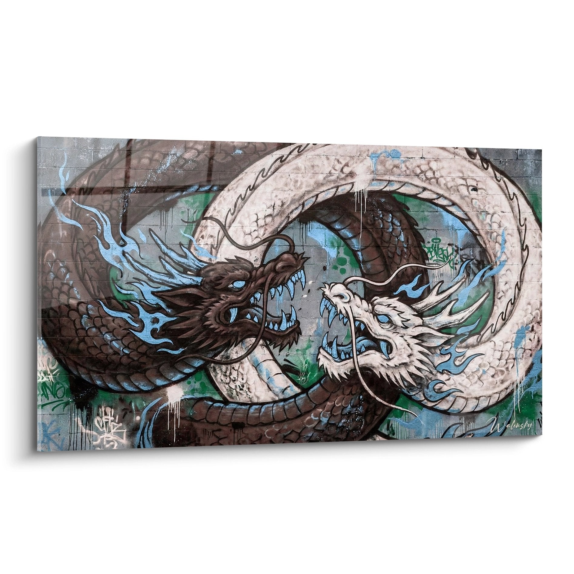 tableau dragons entrelaces brun beige flammes bleues style urbain yin yang decoration murale