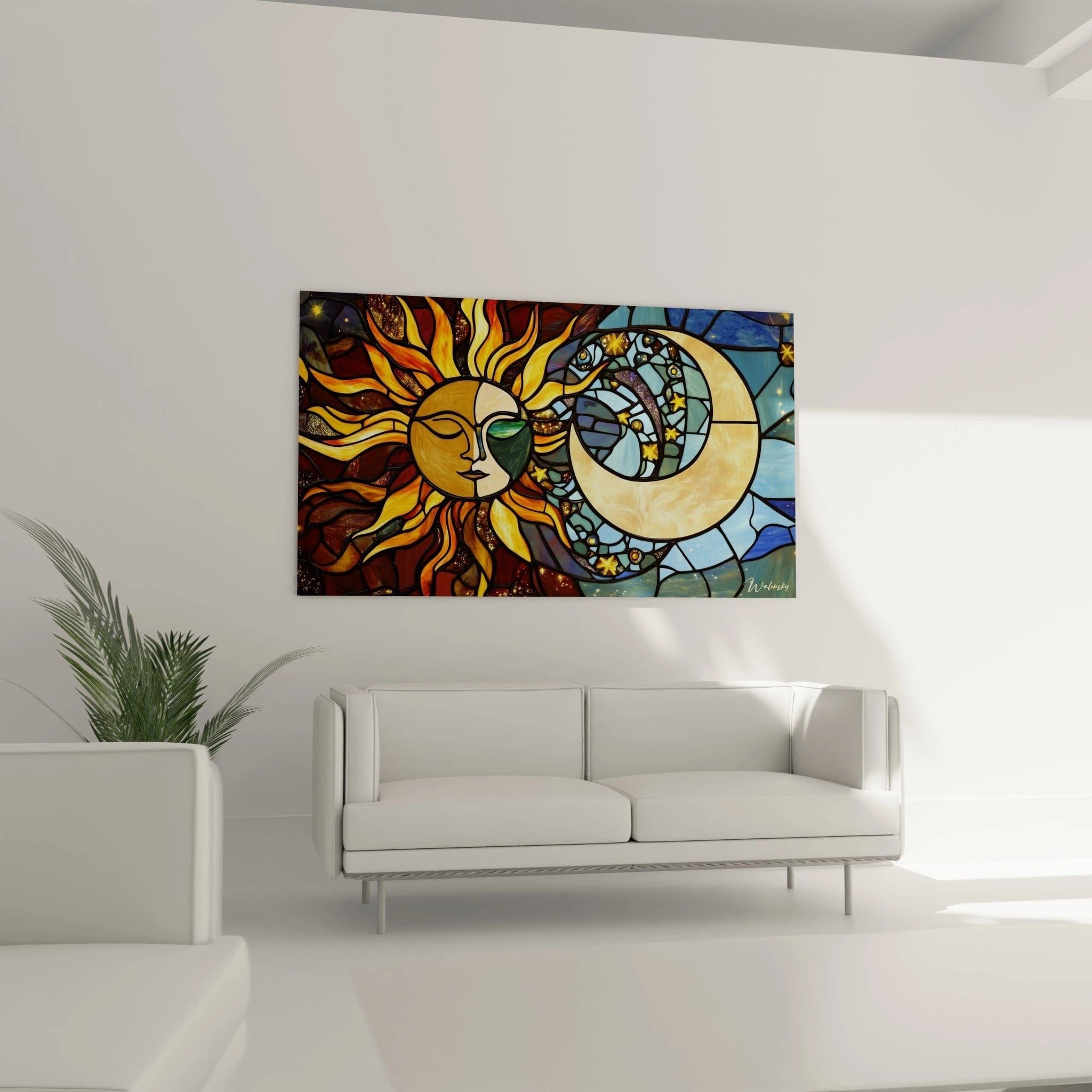 Un tableau vitraux céleste illustrant l'équilibre cosmique, avec un soleil anthropomorphique aux couleurs chaudes d'un côté et une lune nacrée entourée d'étoiles brillantes de l'autre, séparés par des contours noirs définissant chaque segment coloré.