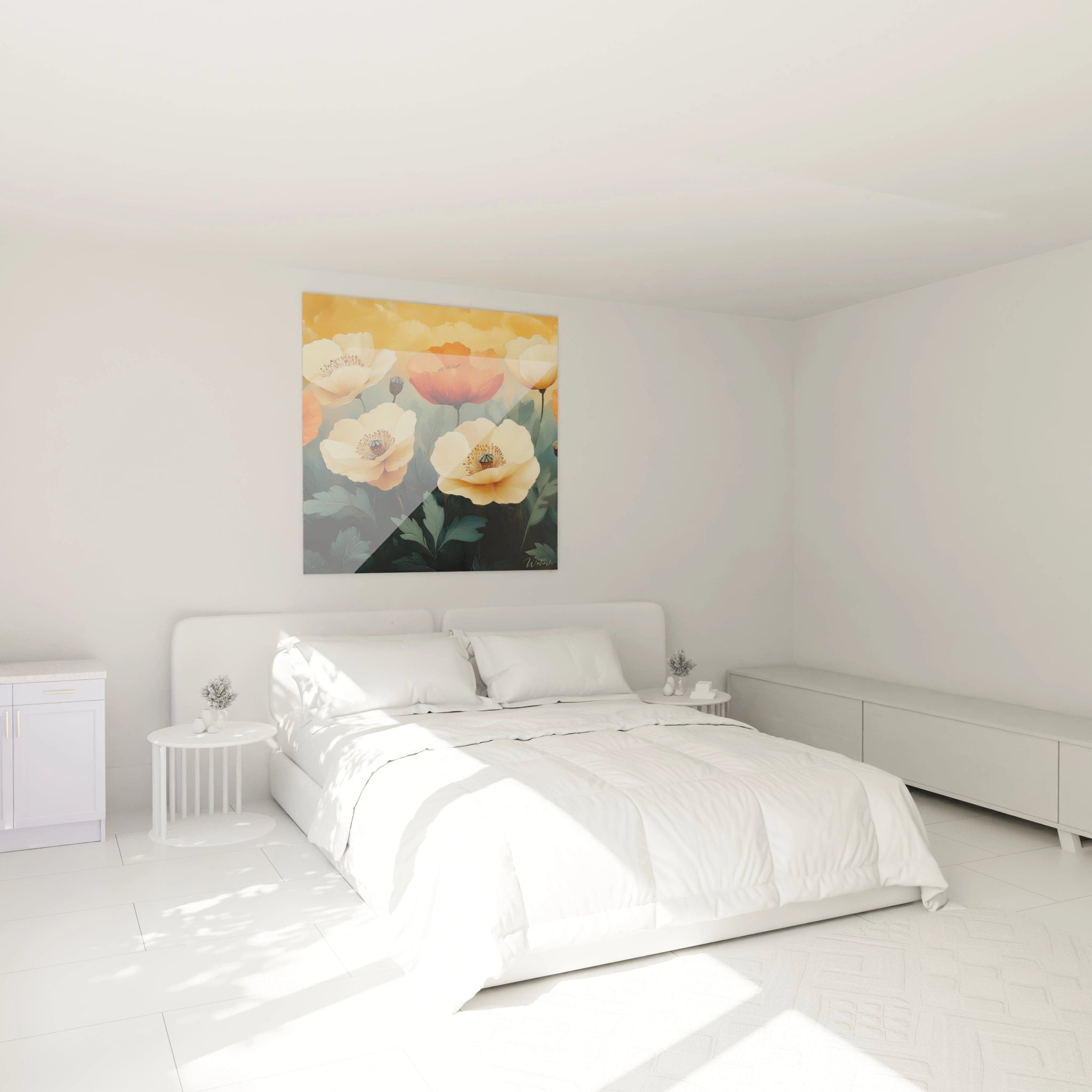 Un tableau floral mettant en scène des coquelicots oranges vibrants alternant avec des fleurs blanches aux détails minutieux, leurs tiges élancées émergeant d'un feuillage bleu-vert dense, sur un arrière-plan aux teintes chaudes créant une atmosphère sereine.