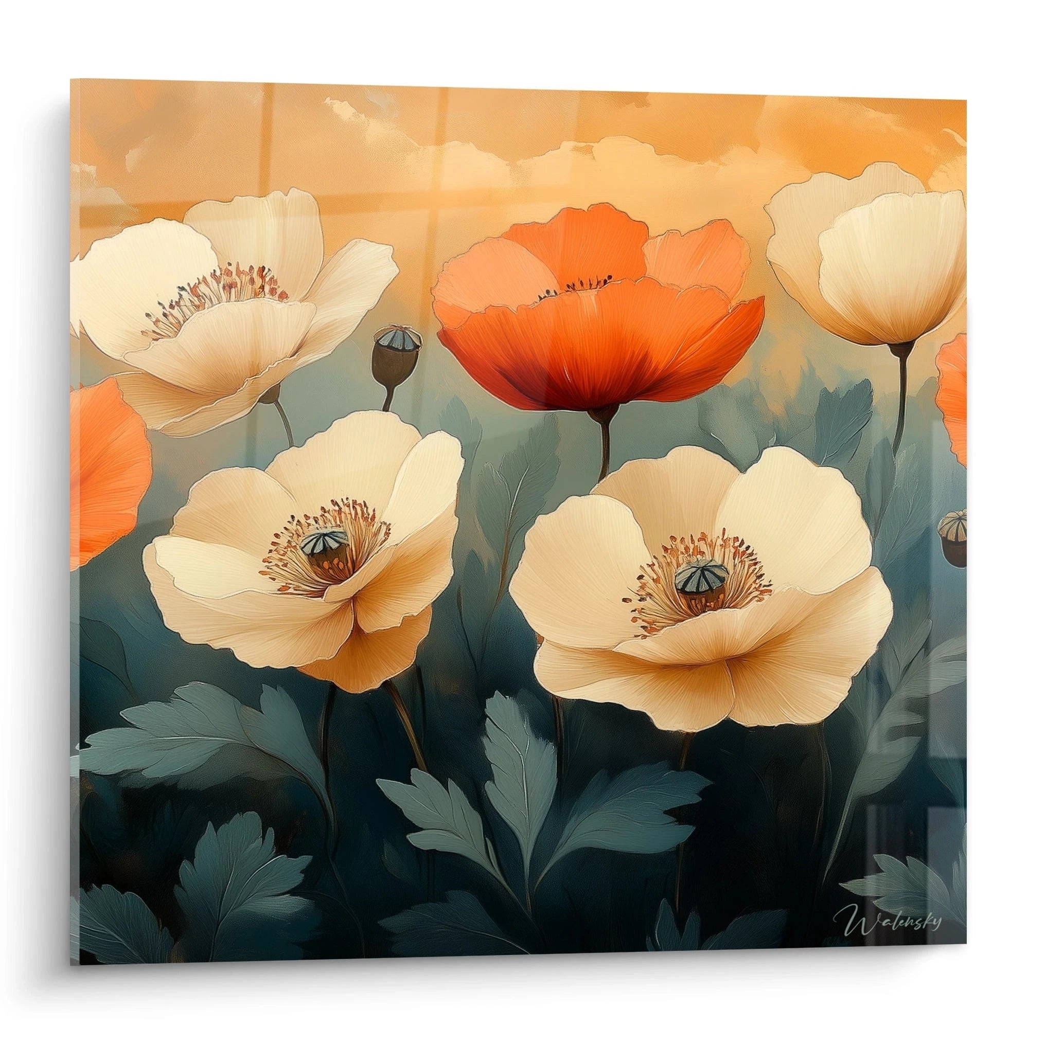 Un tableau artistique représentant des coquelicots orange vif et des fleurs blanches délicates, disposés harmonieusement sur fond dégradé ambré et bleu, avec des détails précis des pistils et des textures de pétales sur feuillage vert-bleuté.