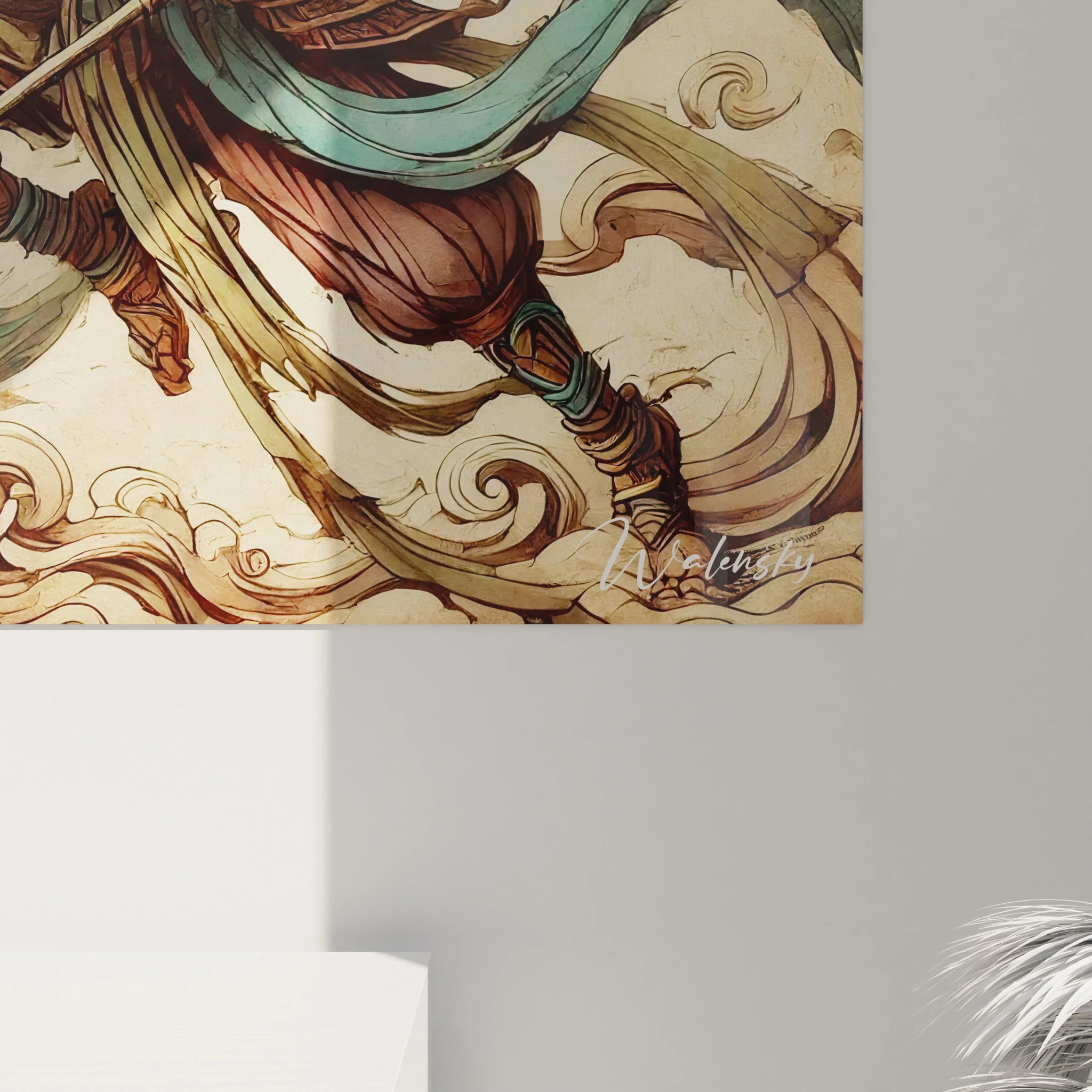 Vue de pres, ce tableau peinture chinoise devoile les details des armures et nuages tourbillonnants, symboles de force et d'honneur dans un style epique et traditionnel.