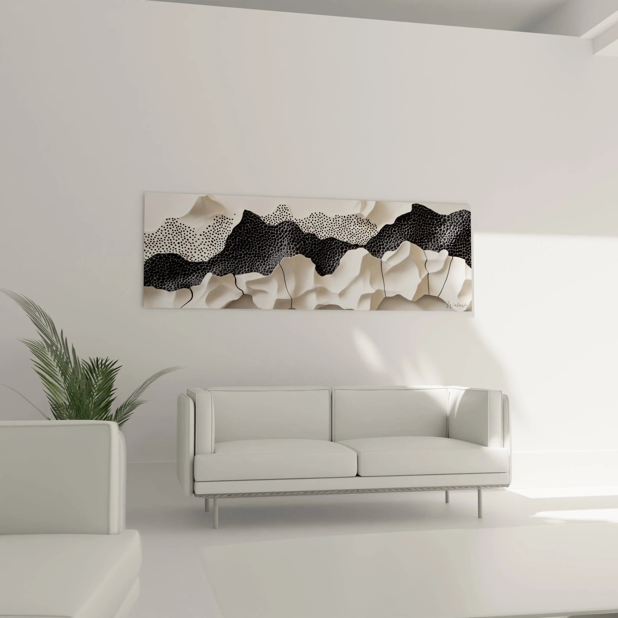 Tableau expressionniste abstrait de Walensky avec des formes en noir et beige sur fond lumineux