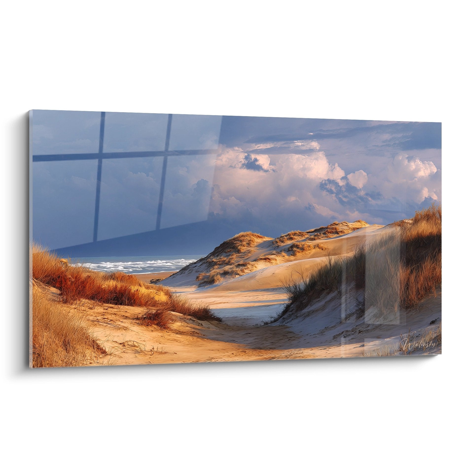 Tableau dunes côtières avec sentier vers océan et herbes dorées sous ciel nuageux