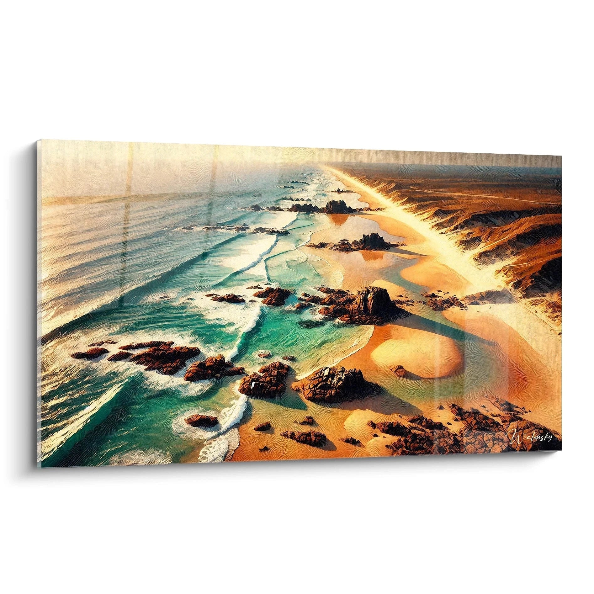 Découvrez le tableau Mer présenté sous un angle unique. Cette œuvre réaliste révèle la beauté des vagues et des dunes, invitant à explorer la magnificence du littoral.