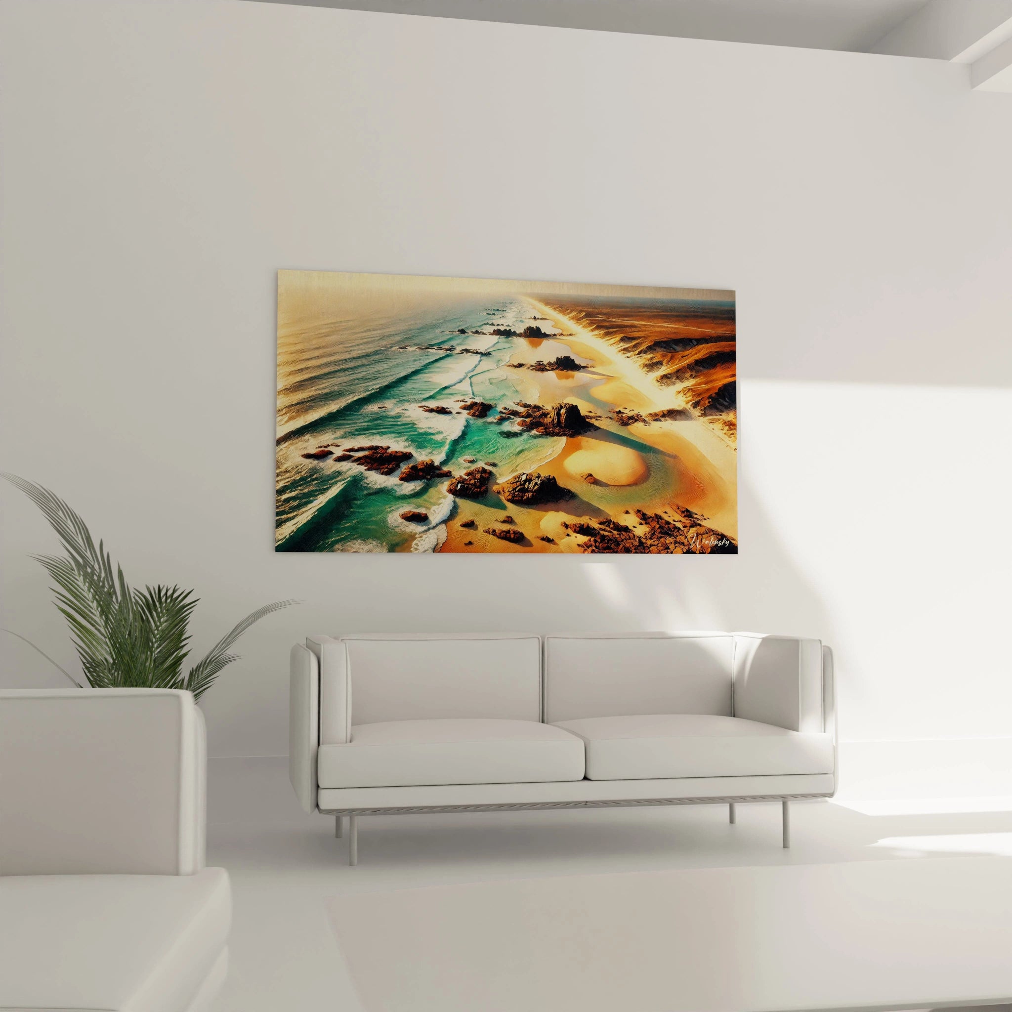 Le tableau Mer sublime le salon en étant placé au-dessus du canapé. Les détails des vagues et du sable créent une ambiance dynamique, apportant une touche d'évasion à votre intérieur.