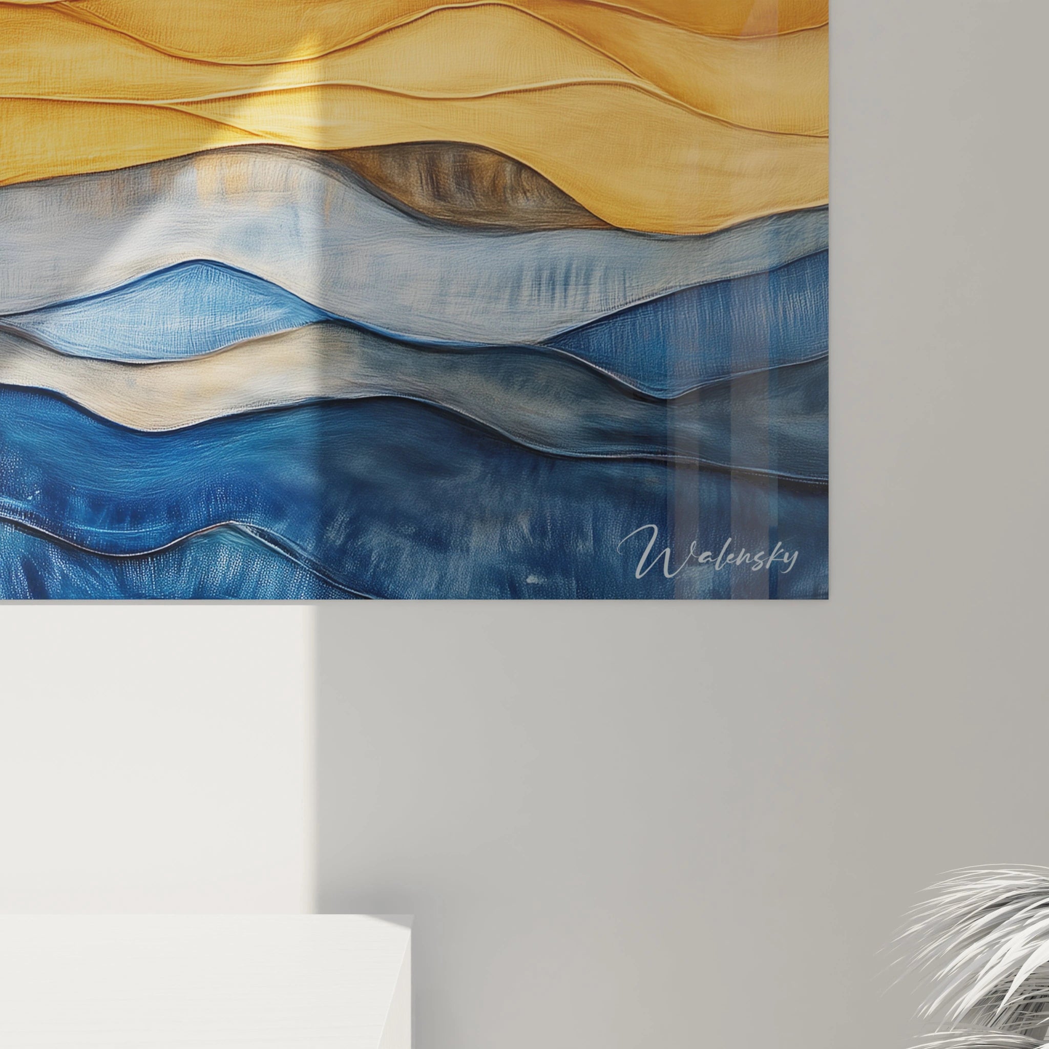 Tableau texturé abstrait de Walensky avec des ondulations dorées et bleues pour une décoration moderne