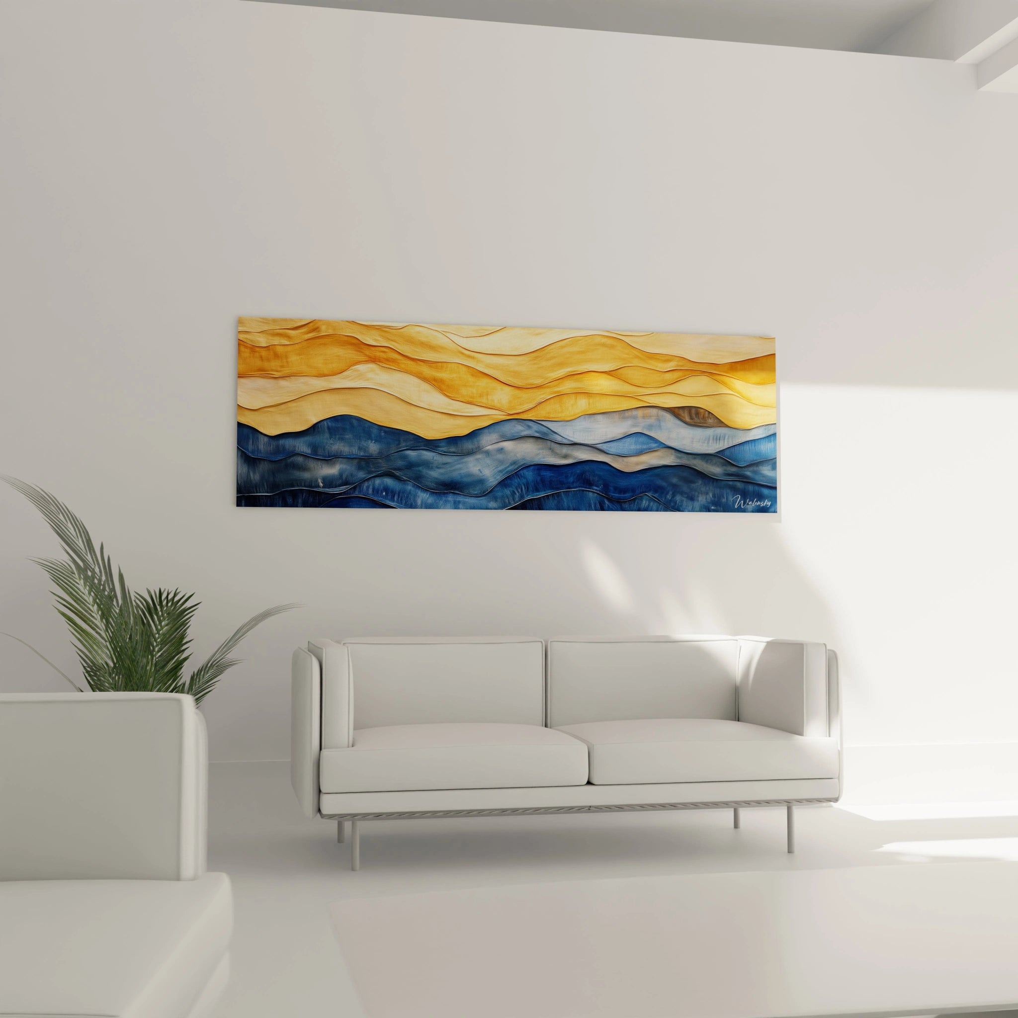 Tableau texturé abstrait Walensky avec des ondulations dorées et bleues, ajoutant une touche artistique au salon