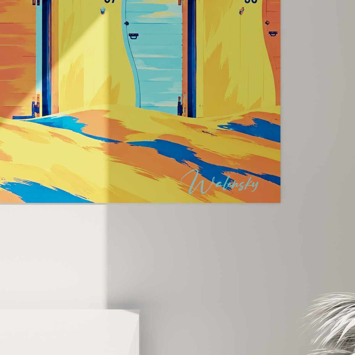 Détail des aplats orangés et bleu turquoise sur les toits arrondis des cabines, matière picturale texturée