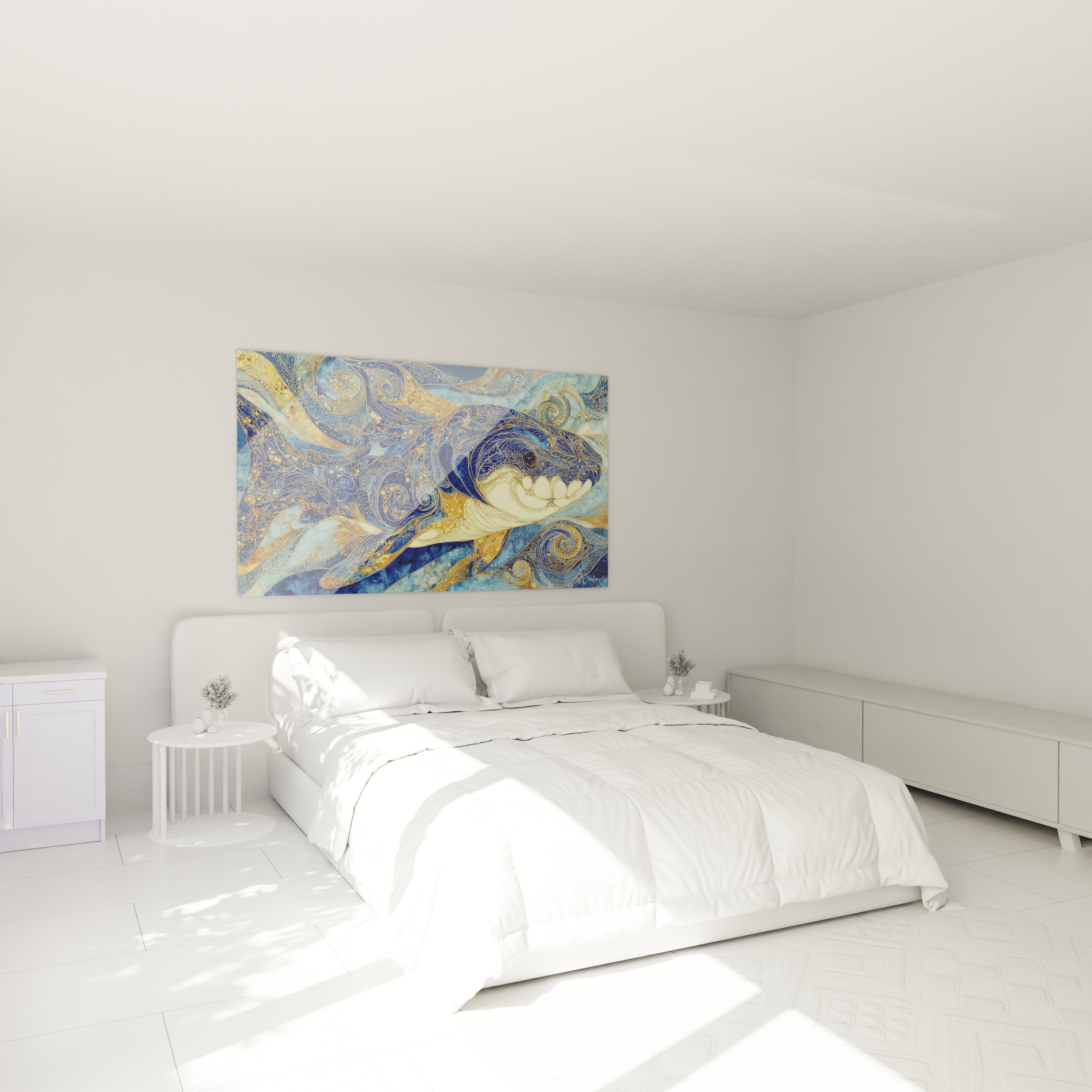 Tableau Dunkleosteus motifs dorés ambiance chambre décoration murale art marin élégant