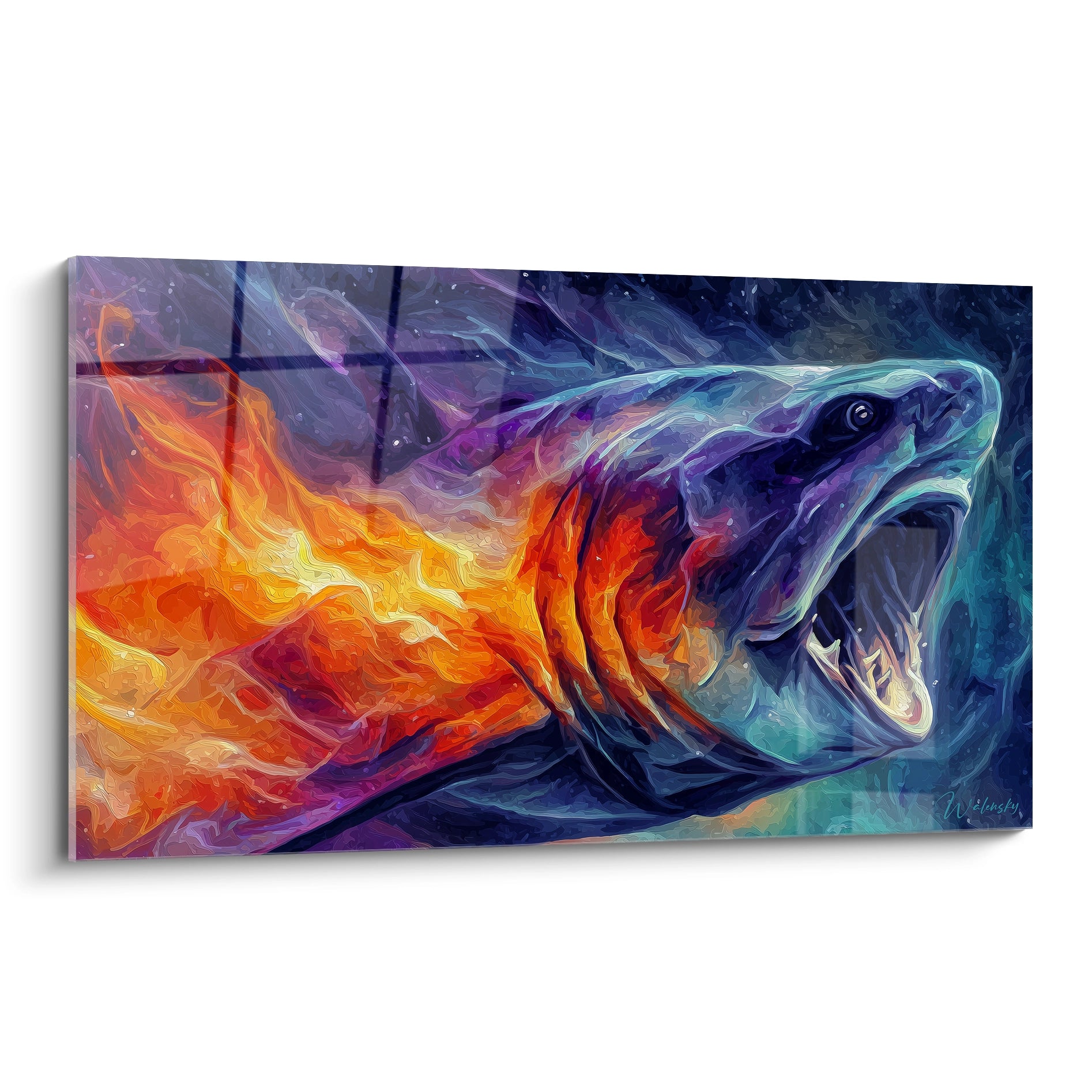 Tableau mural Dunkleosteus digital avec flammes cosmiques orange et bleu, art moderne préhistorique