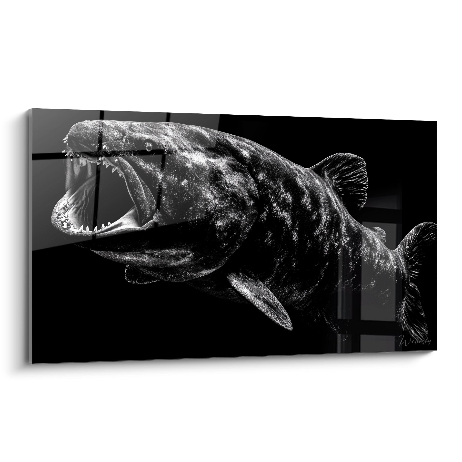 Tableau mural noir et blanc représentant un Dunkleosteus avec mâchoire ouverte, art paléontologique moderne