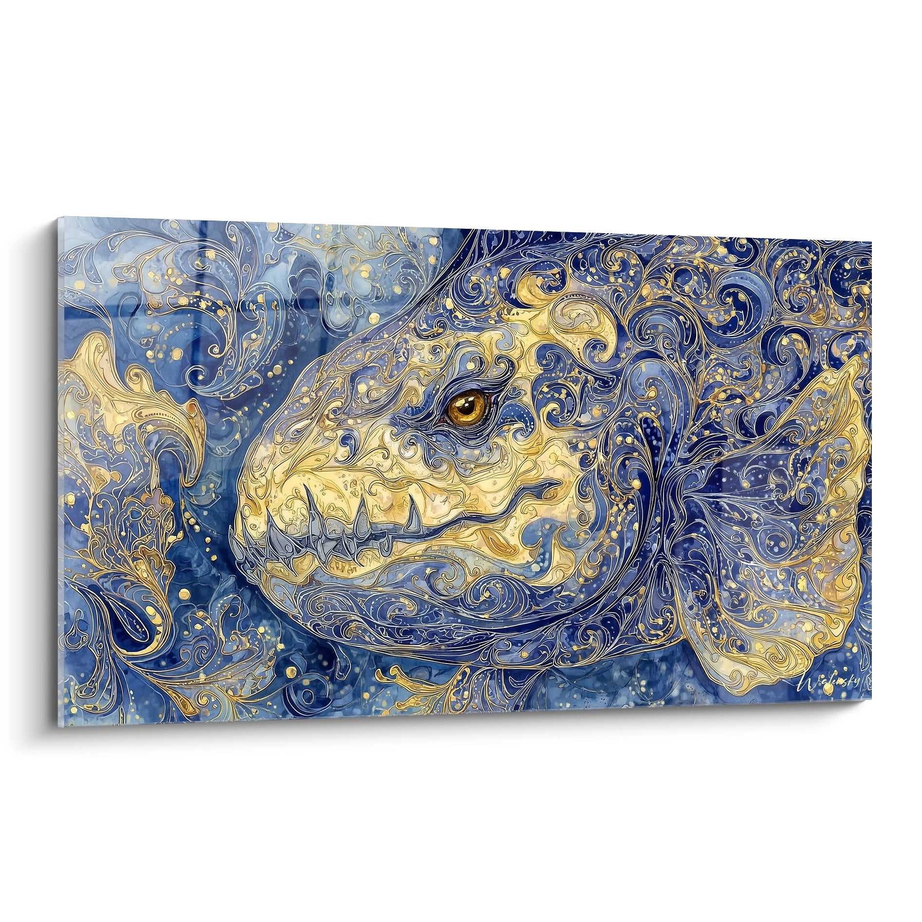 Tableau mural Dunkleosteus ornementé aux motifs baroques dorés sur fond bleu océanique