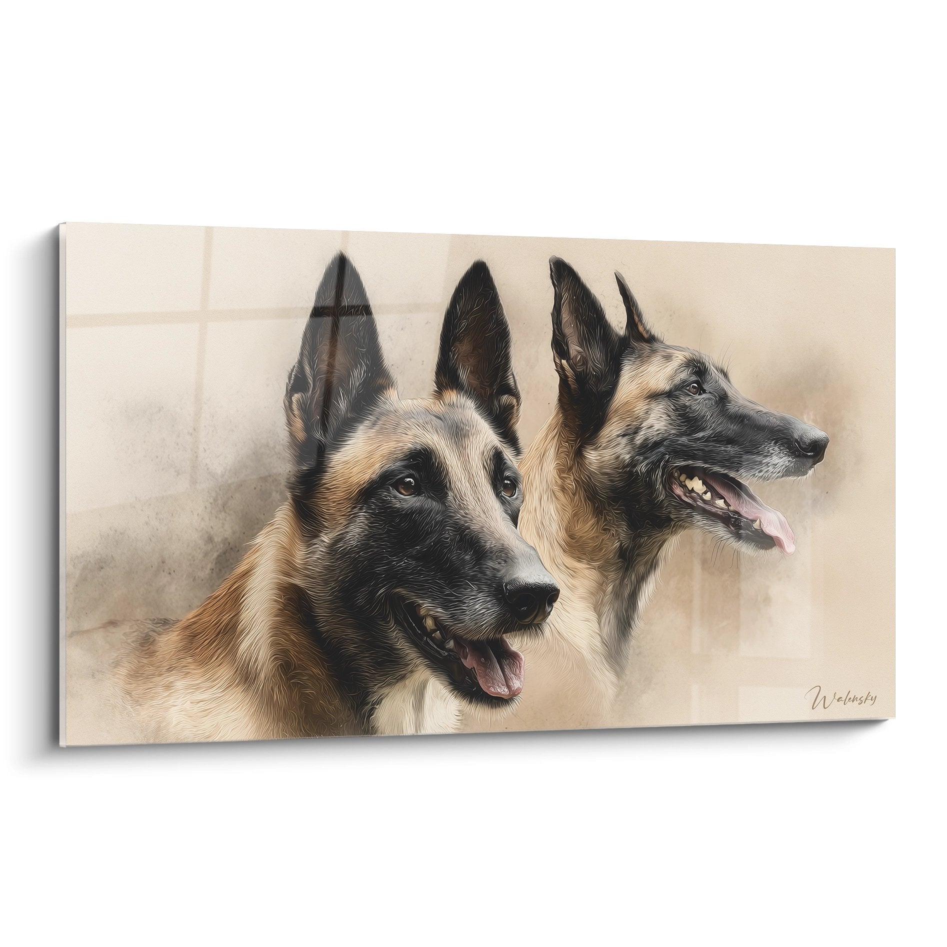 Künstlerisches Porträt von zwei Belgischen Malinois-Schäferhunden mit ruhigen Gesichtsausdrücken auf beigem Hintergrund