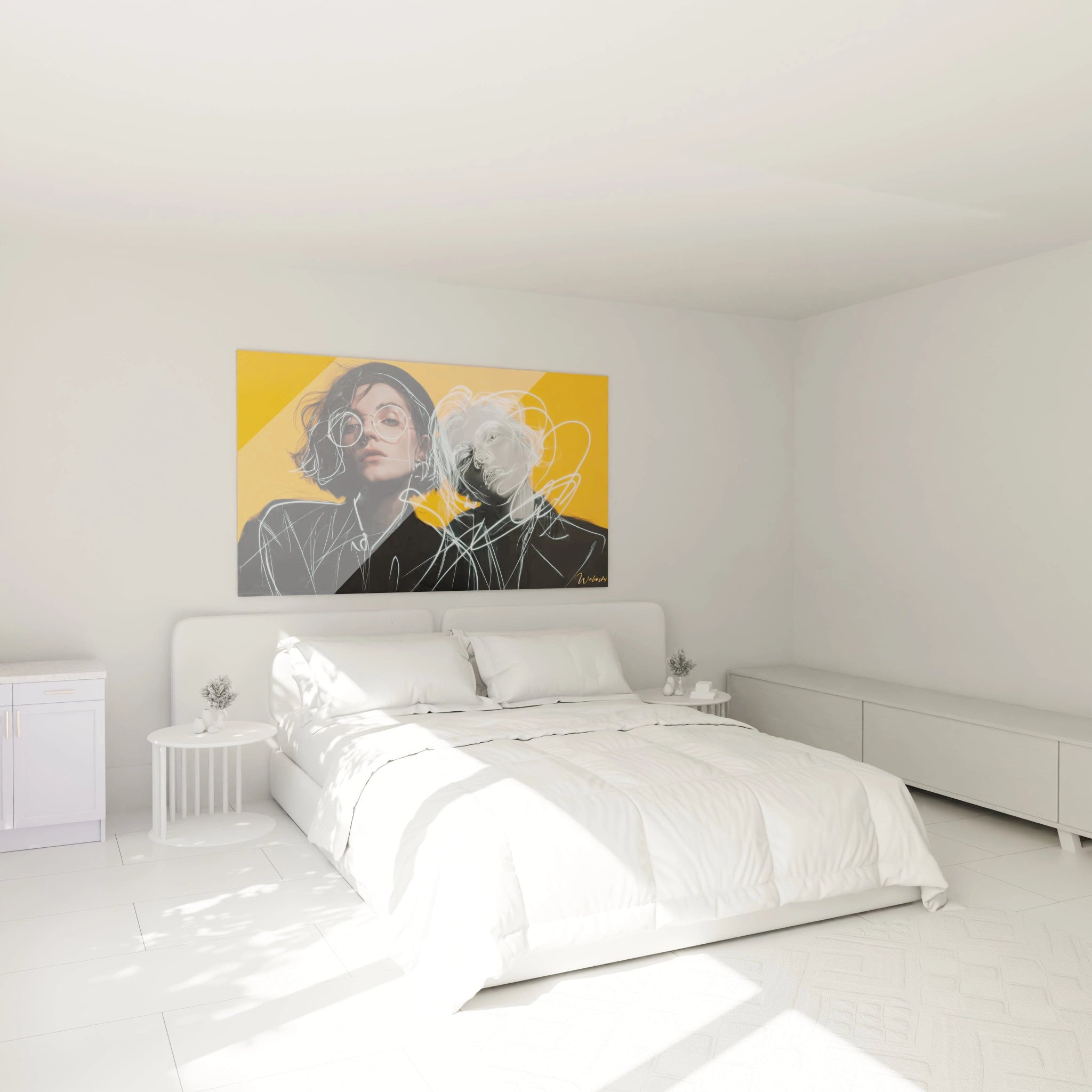 Tableau illustration de mode de Walensky dans une chambre moderne avec lit et lumière naturelle