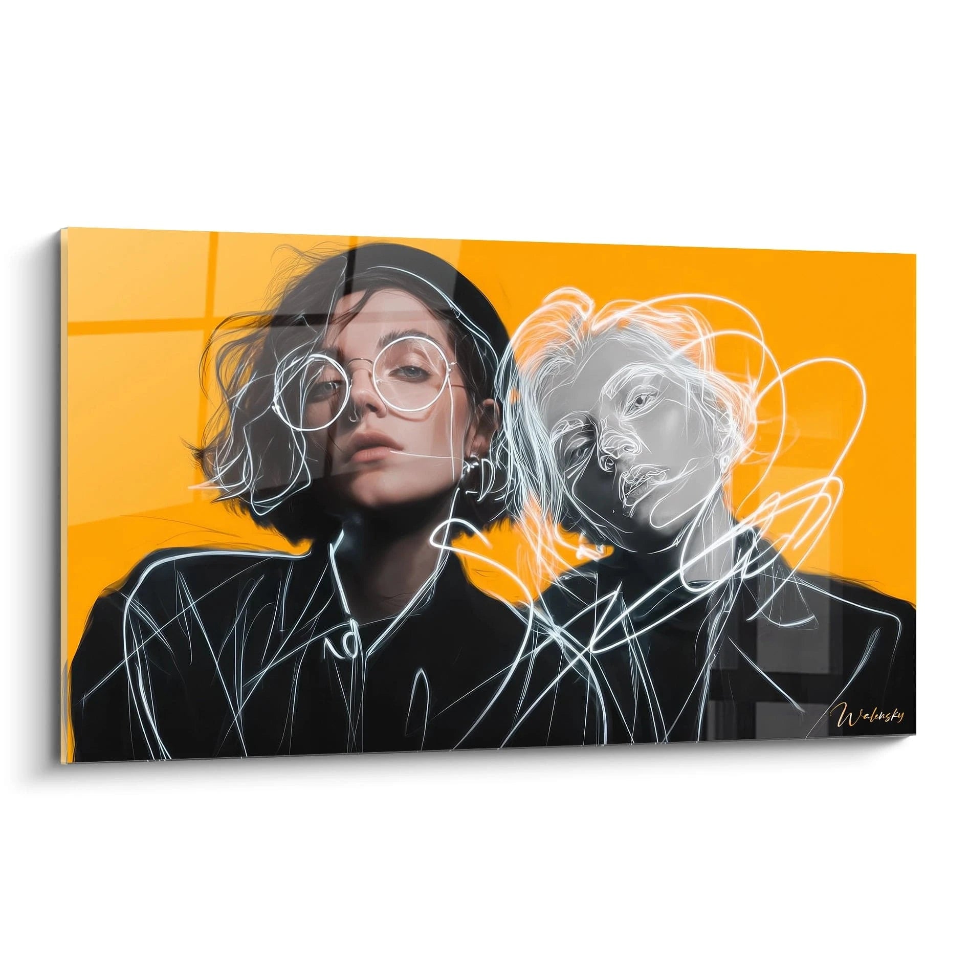 Tableau illustration de mode avec des silhouettes artistiques sur fond orange par Walensky