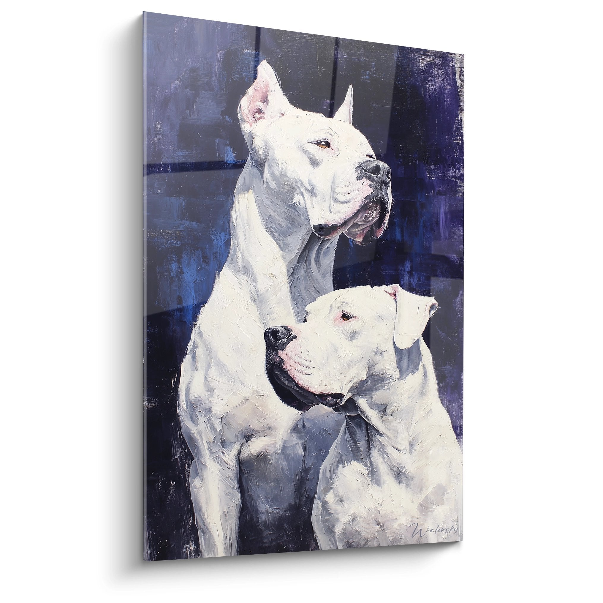 Tableau artistique representant deux dogues argentins blancs sur fond bleu abstrait dans style realiste contemporain