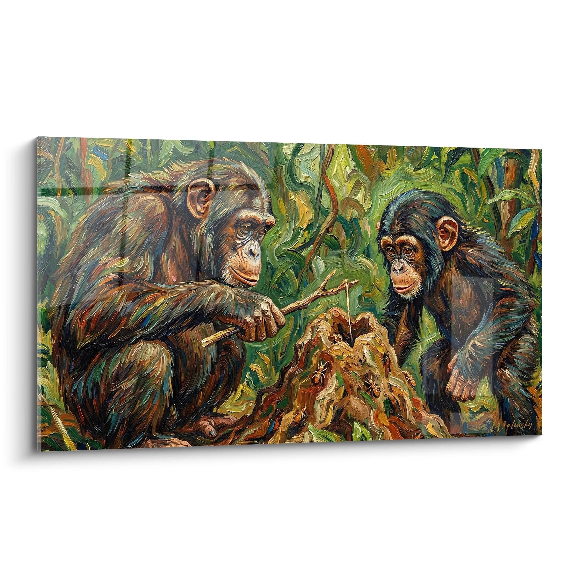 Family of chimpanzees jungle painting green lush expressionist style brushstrokes wild complicity