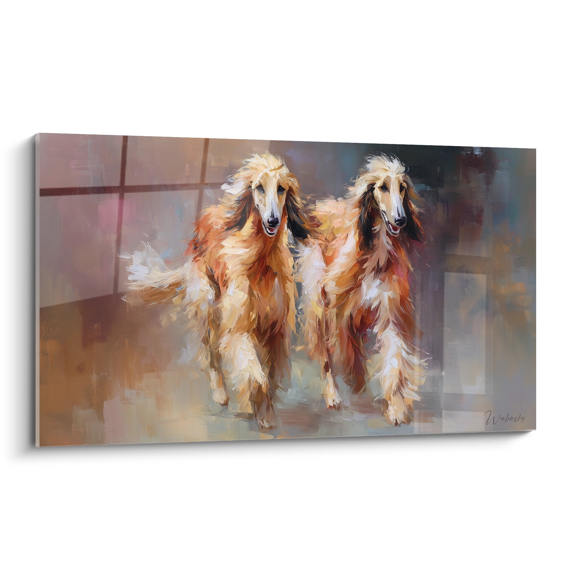 Tableau duo levriers afghans pelages dores course elegante peinture contemporaine tons chauds