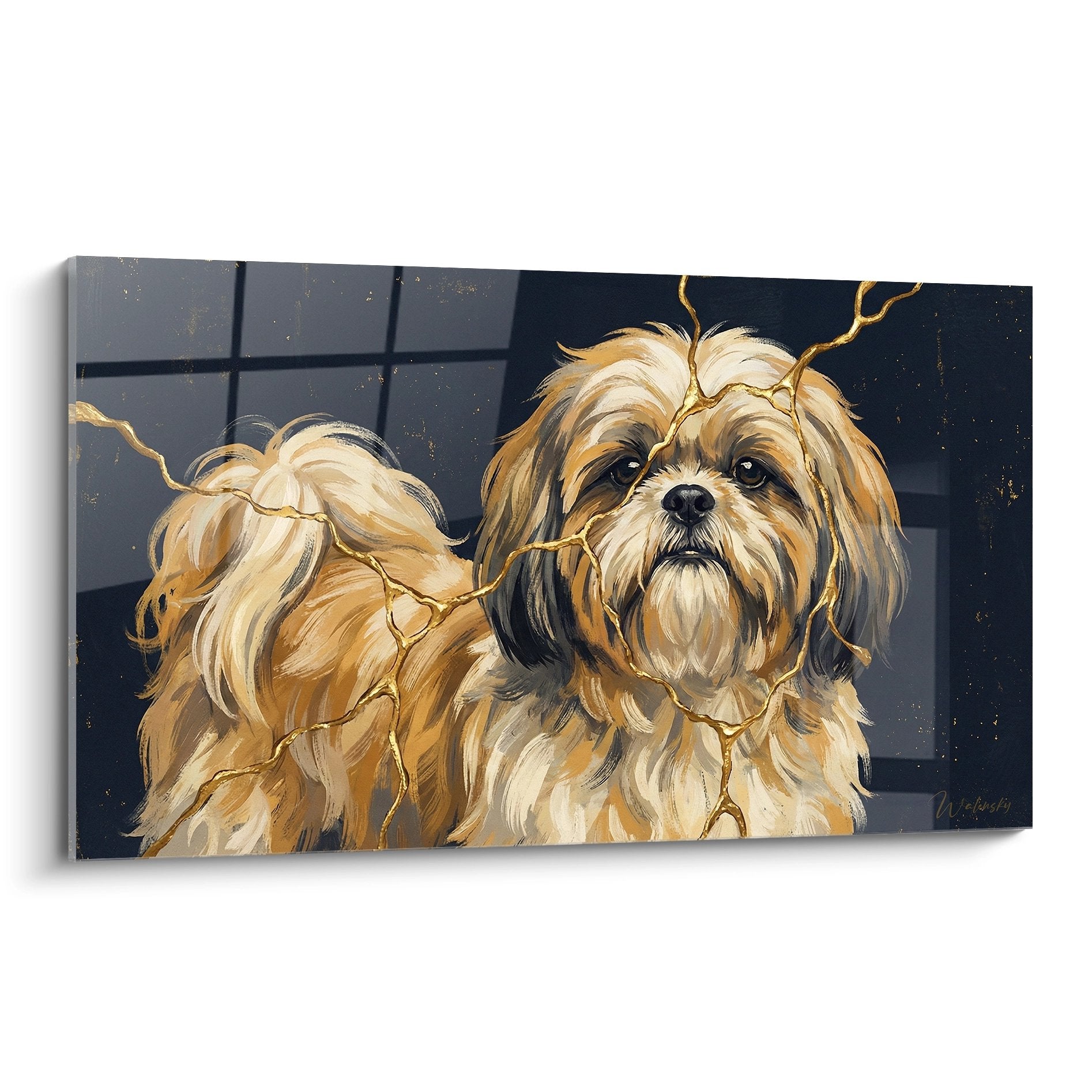 Tableau artistique duo Shih Tzu pelage dore reflets lumineux fond sombre portrait canin realiste