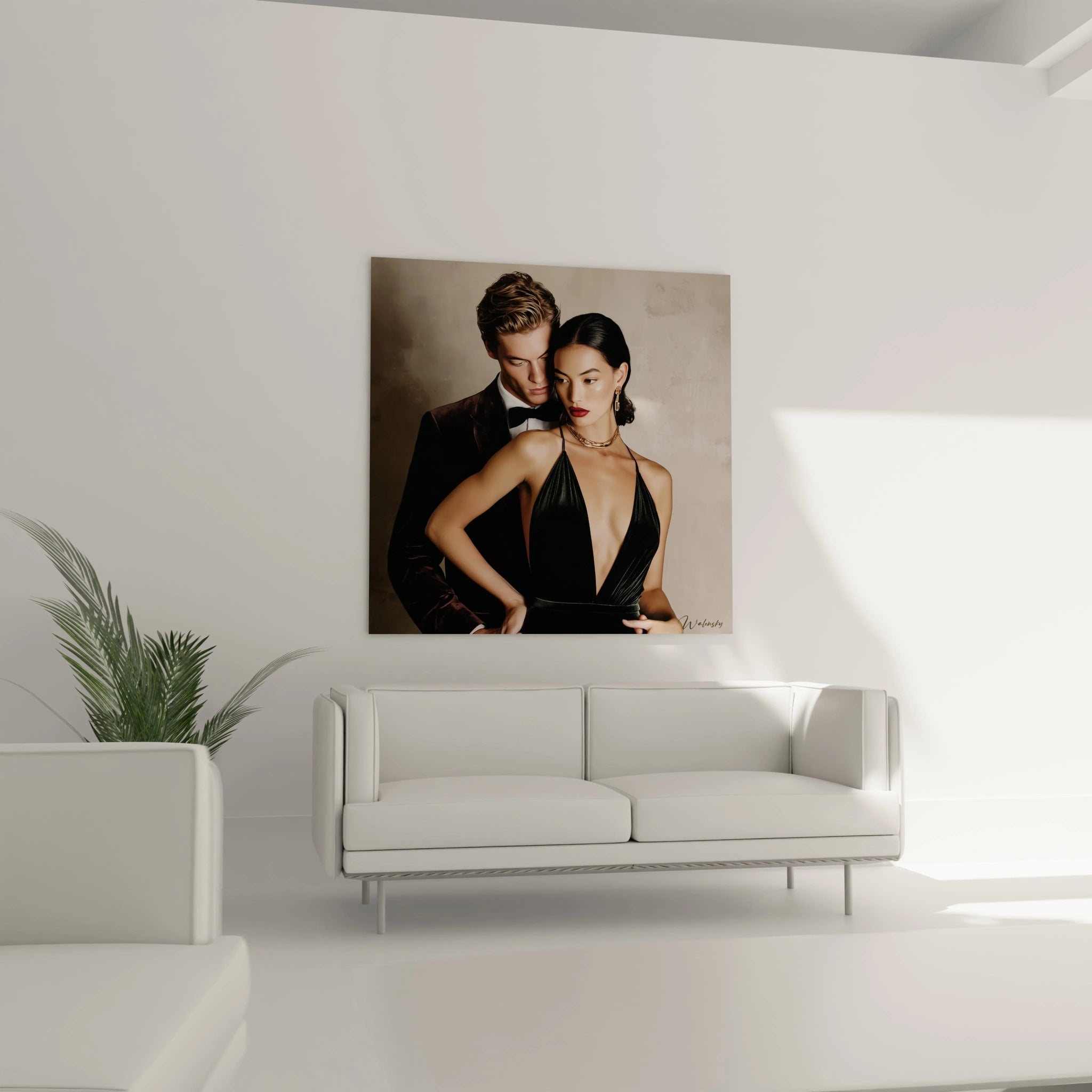 Tableau contemporain homme élégance représentant un couple en tenue chic dans un salon moderne