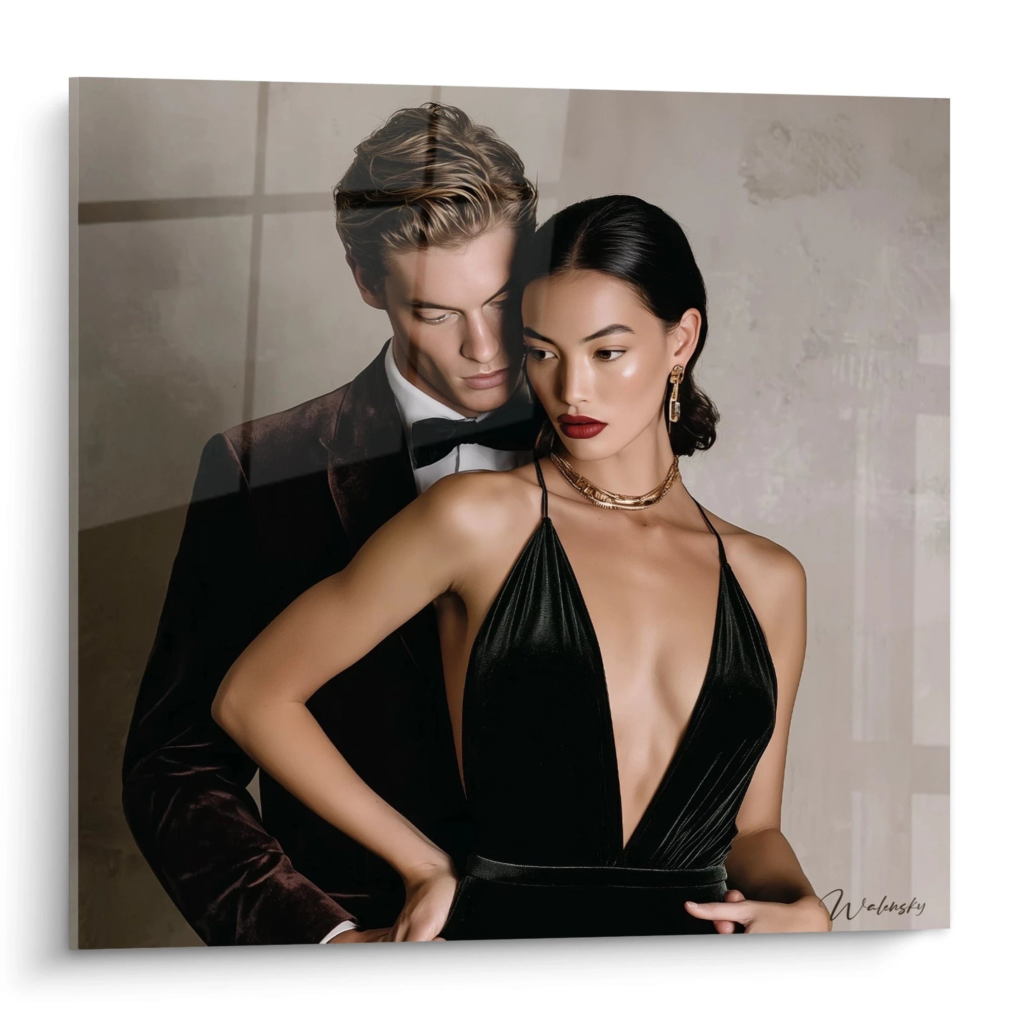 Tableau mural contemporain homme élégance mettant en scène un couple en tenue de soirée glamour