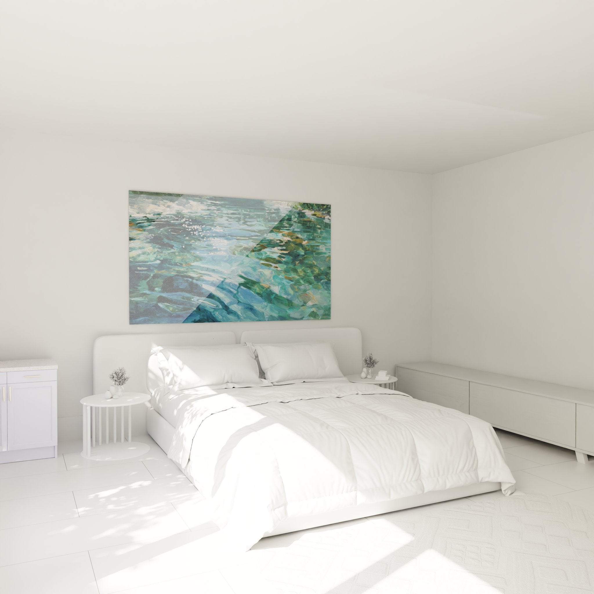 Décoration chambre avec tableau eau cristalline impressionniste aux nuances aquatiques apaisantes