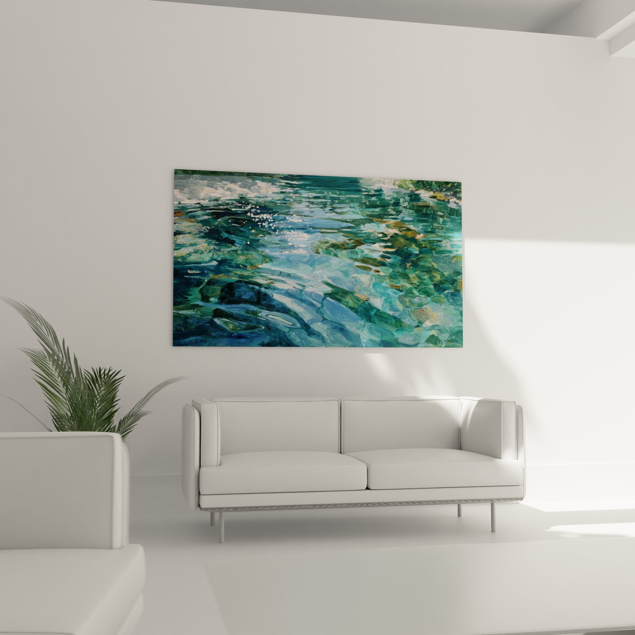 Gros plan peinture aquatique impressionniste montrant reflets lumineux et textures eau cristalline