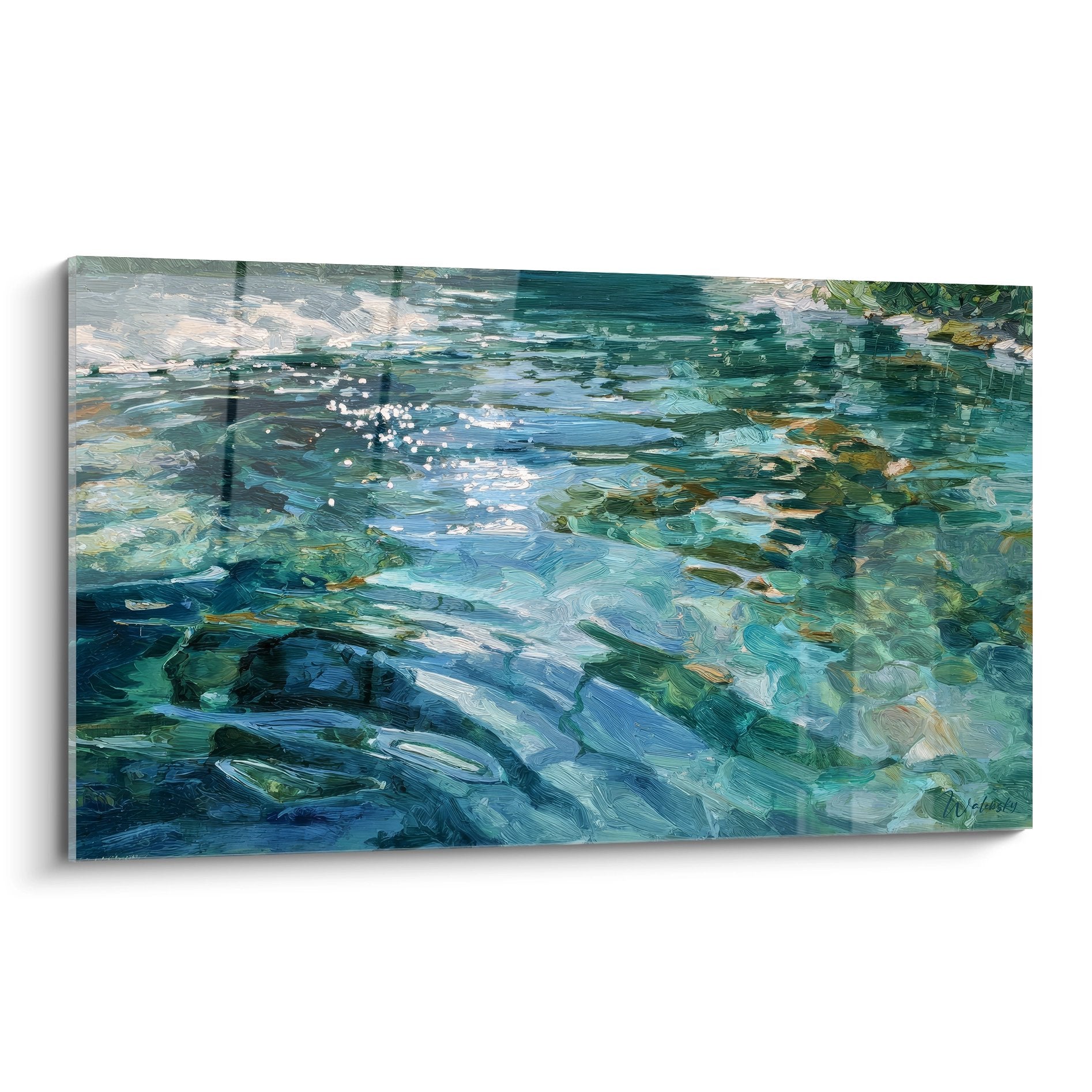 Tableau mural eau cristalline aux reflets impressionnistes bleus et verts pour décoration moderne