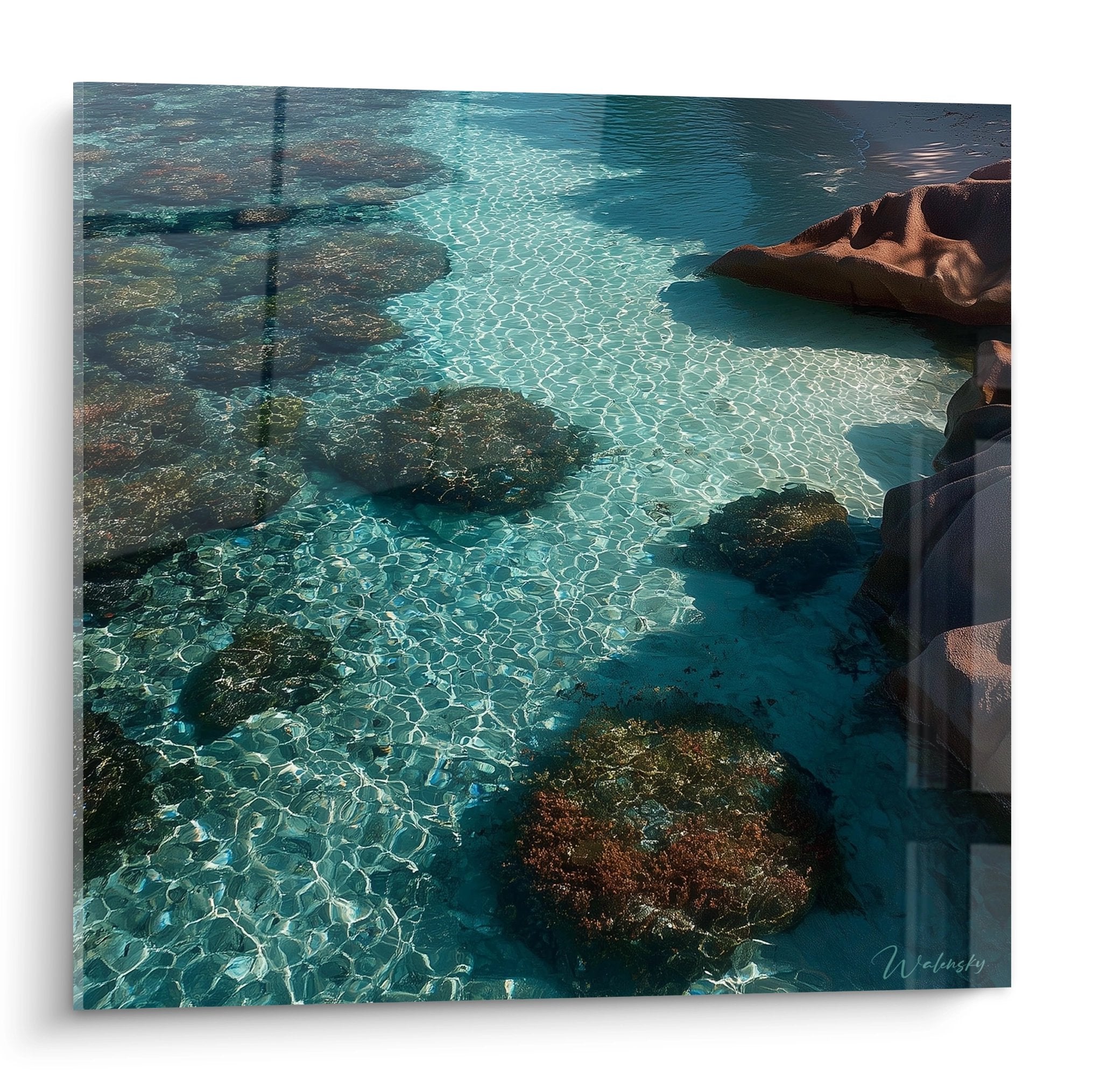 Tableau eaux cristallines avec rochers sous-marins, décoration marine moderne pour intérieur contemporain