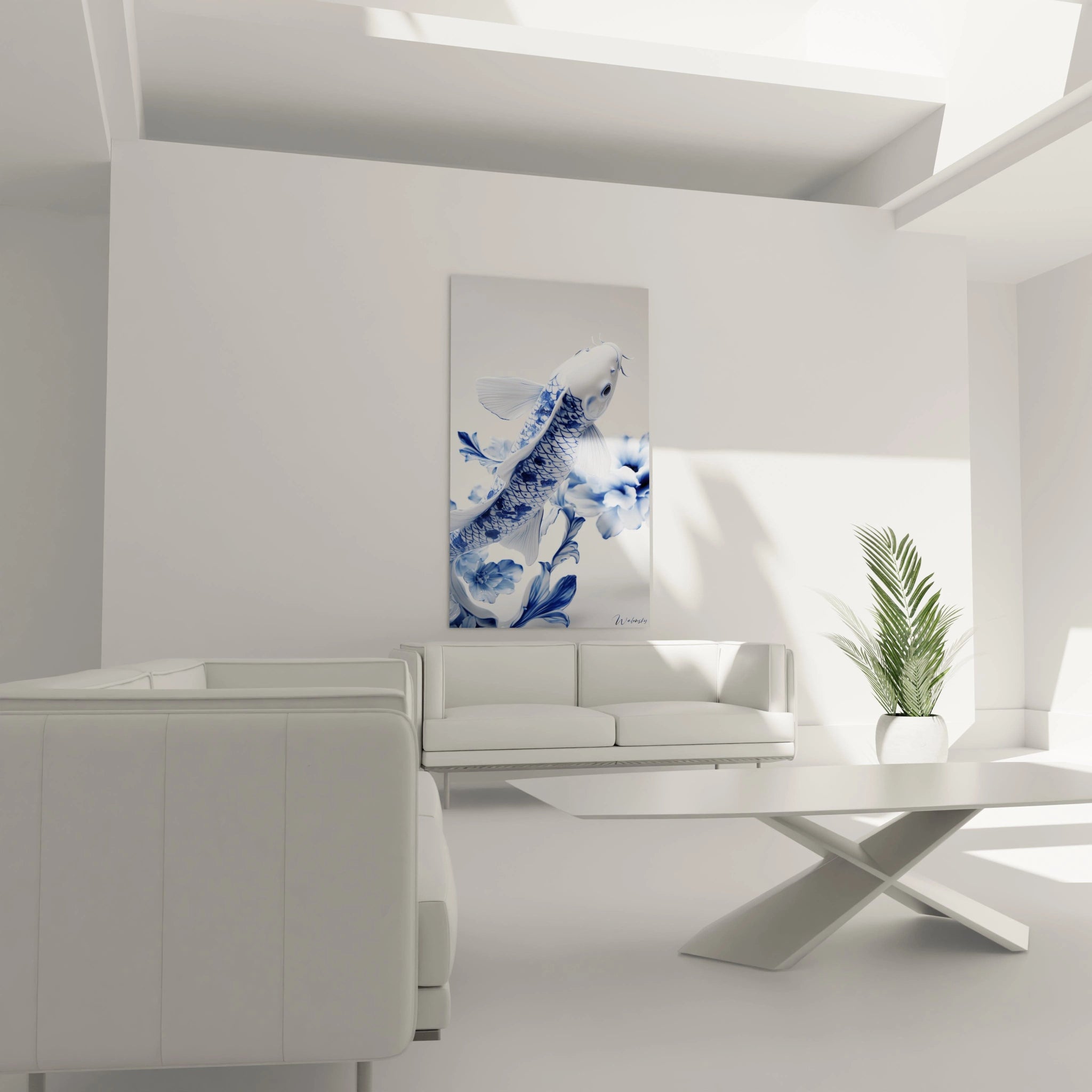 Un tableau porcelaine poisson traditionnel en bleu et blanc montrant un koï élégant avec des écailles finement dessinées. La pièce combine une surface brillante avec des détails sculptés précis et un contraste saisissant entre le bleu profond et le blanc lumineux.