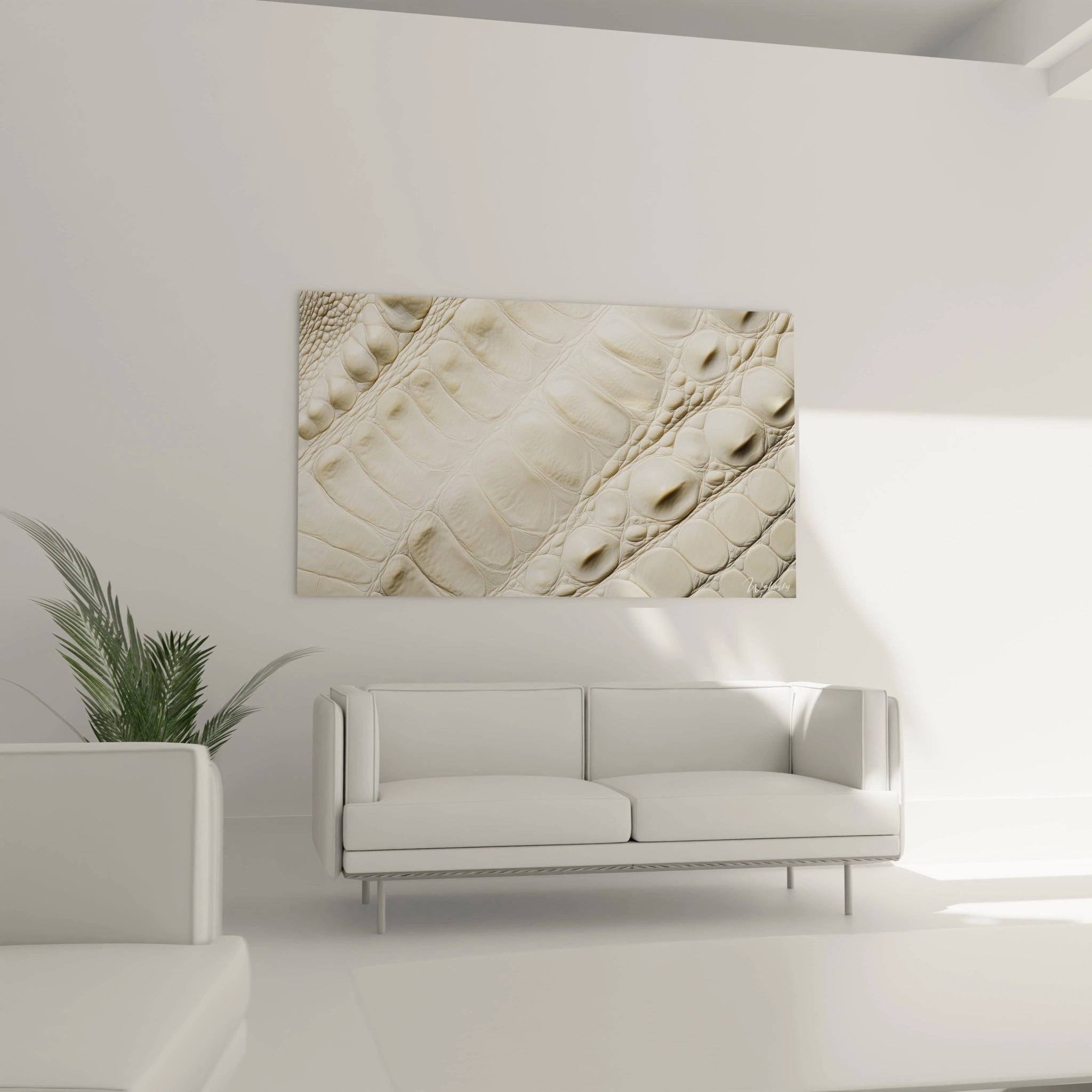 Détail rapproché d’un tableau texturé abstrait présentant des formes organiques, des teintes beige et blanc crème, et des textures complexes.