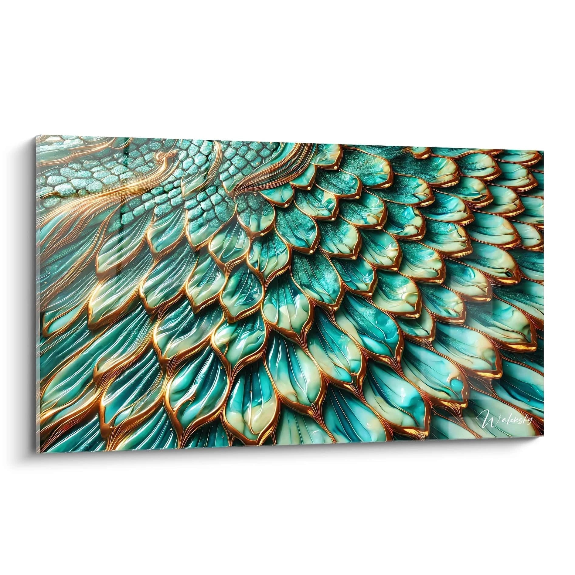 Ce tableau style epoxy capture la majesté d'un dragon avec des écailles turquoise et dorées, créant une profondeur saisissante et des reflets brillants. Une œuvre abstraite et mystique.