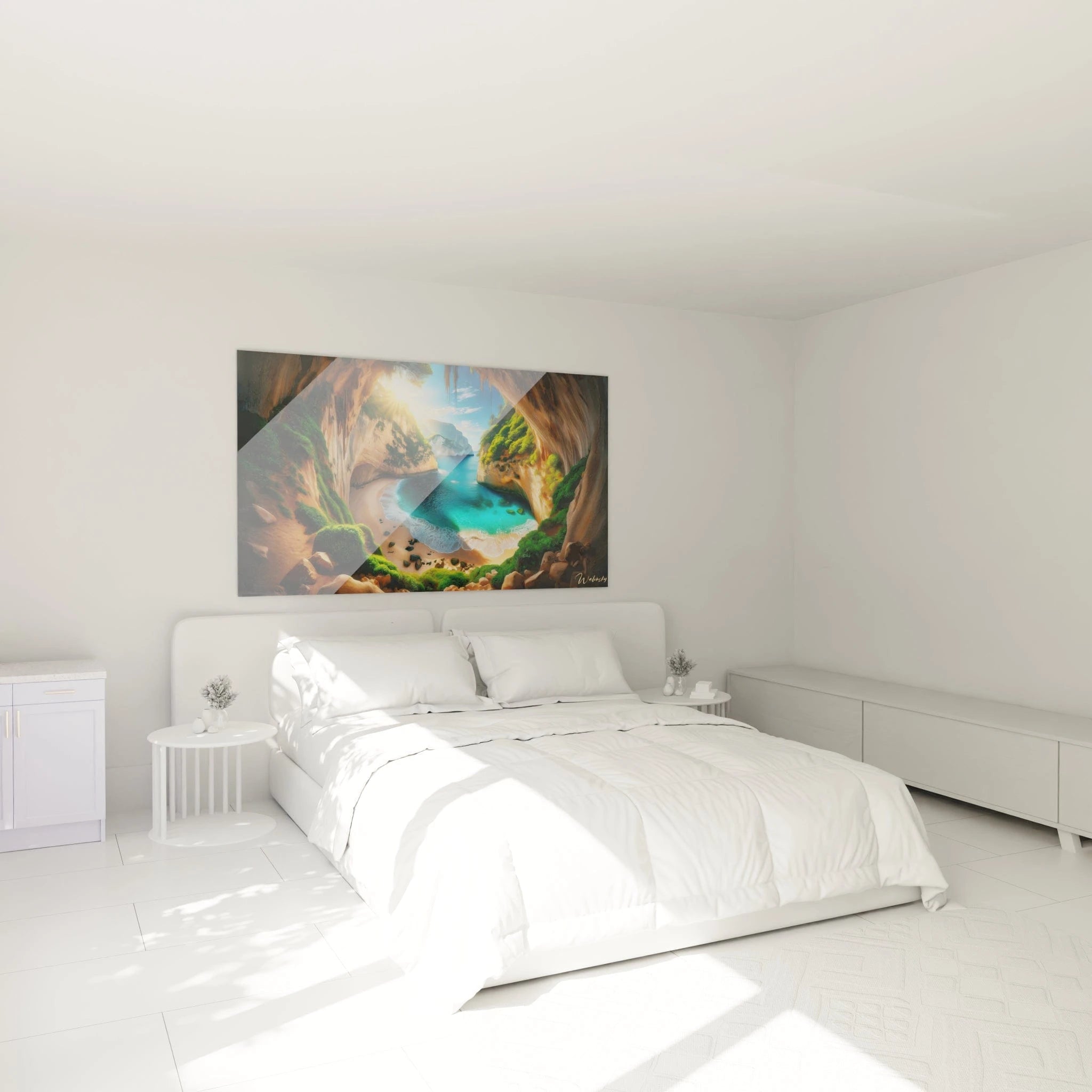 Un tableau paysage montrant une plage isolée bordée de falaises beiges, eaux limpides bleu émeraude, végétation verte, et textures granuleuses au sol.