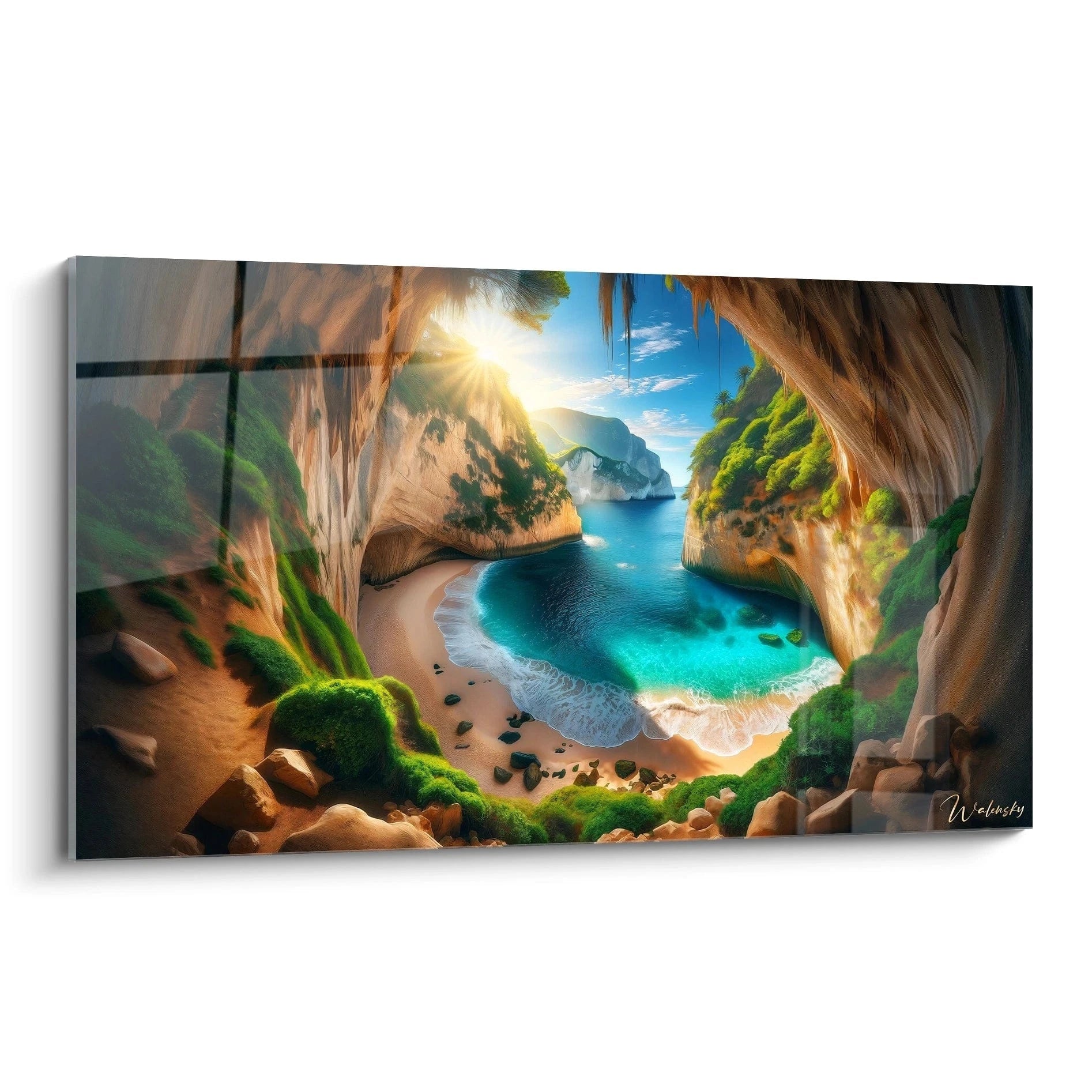 Tableau paysage représentant une crique encadrée de falaises sableuses, mer turquoise, ciel bleu clair, et textures rocheuses détaillées avec végétation dense.